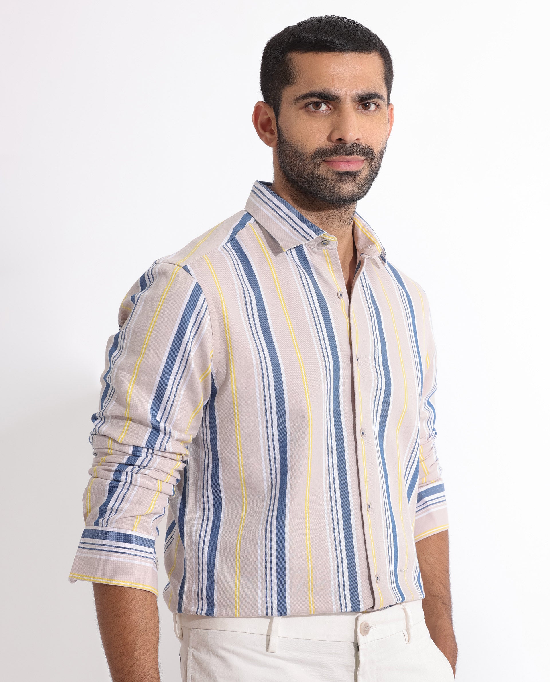 Rare Rabbit Men's Purit Dusky Brown Cotton Fabric Full Sleeves Striped Shirt