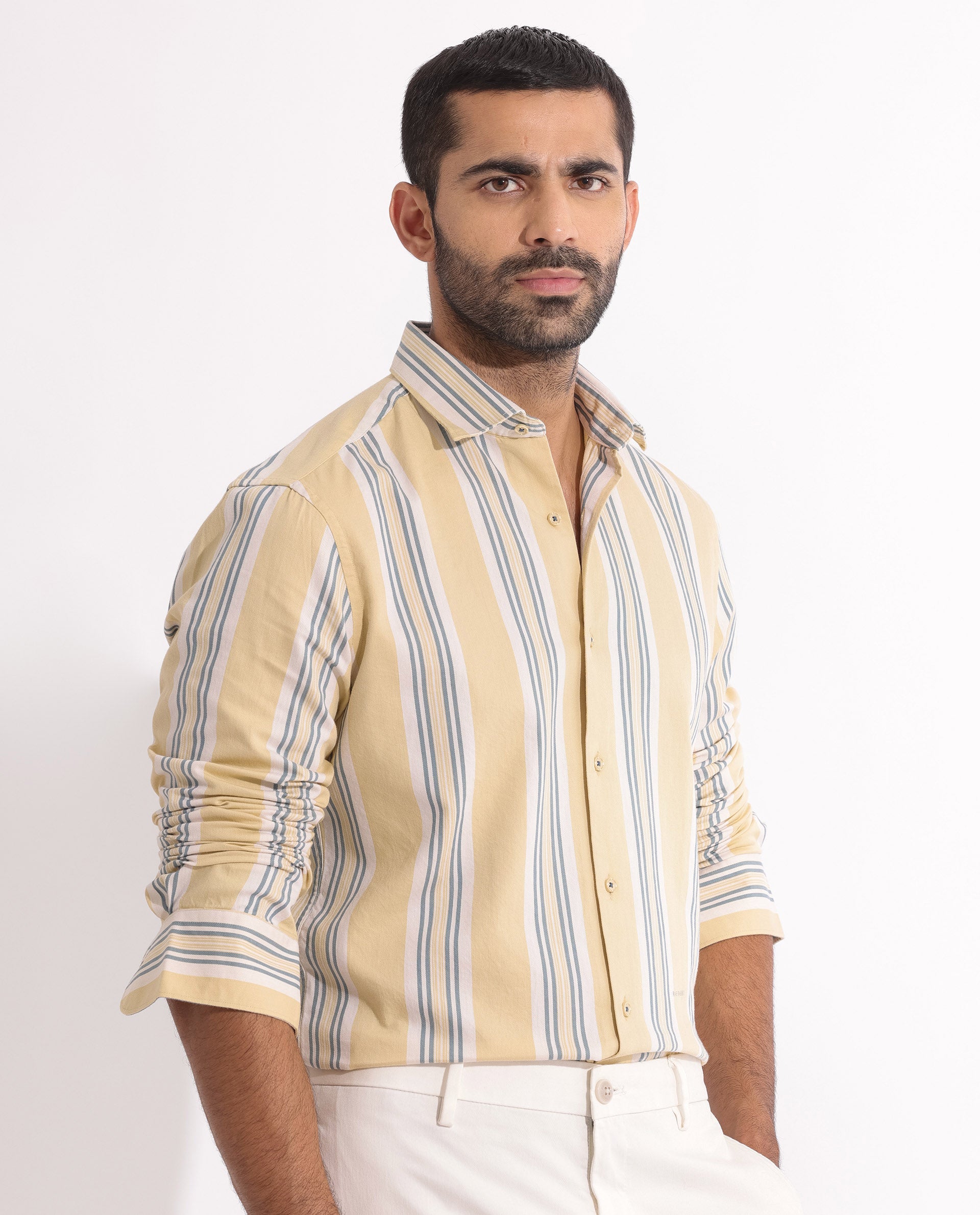 Rare Rabbit Men's Purit Dusky Yellow Cotton Fabric Full Sleeves Striped Shirt