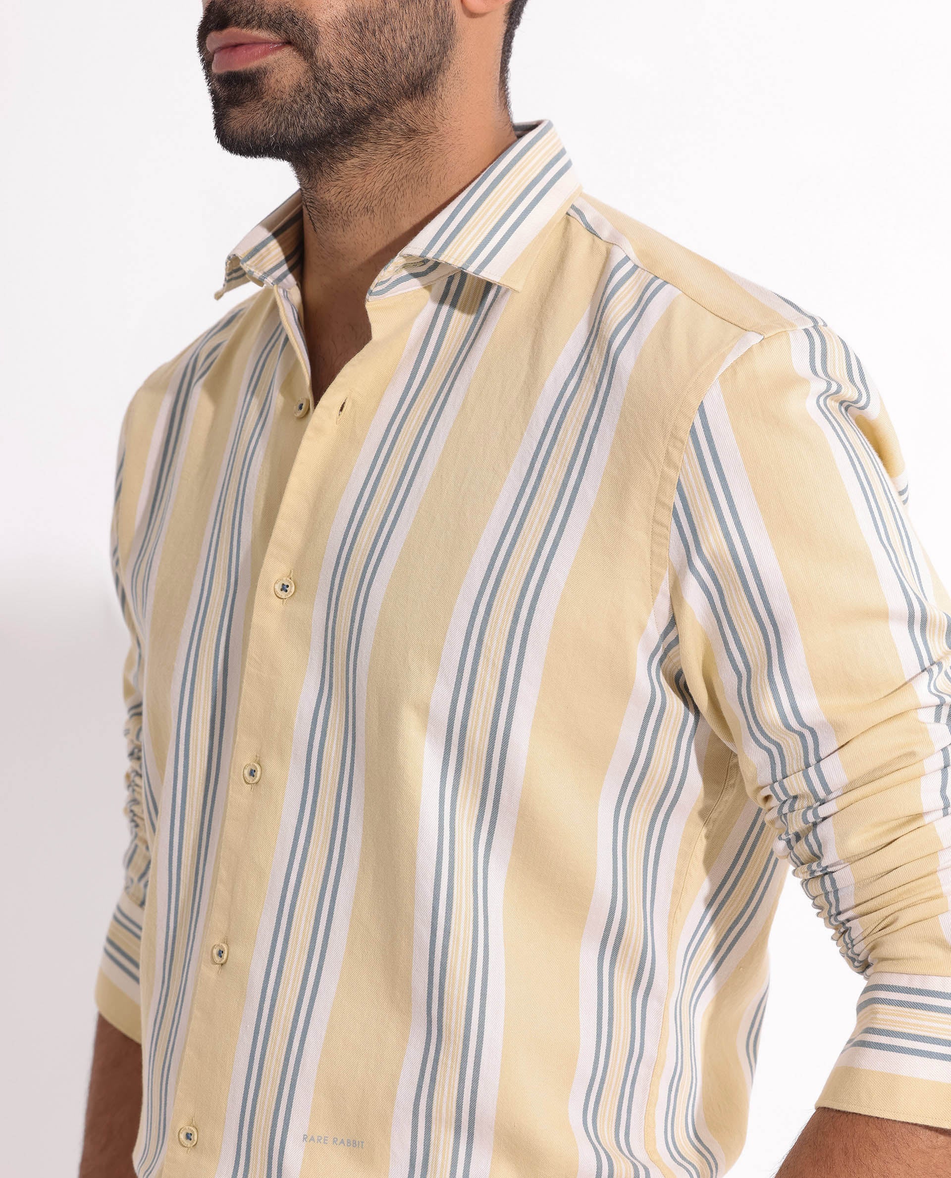 Rare Rabbit Men's Purit Dusky Yellow Cotton Fabric Full Sleeves Striped Shirt