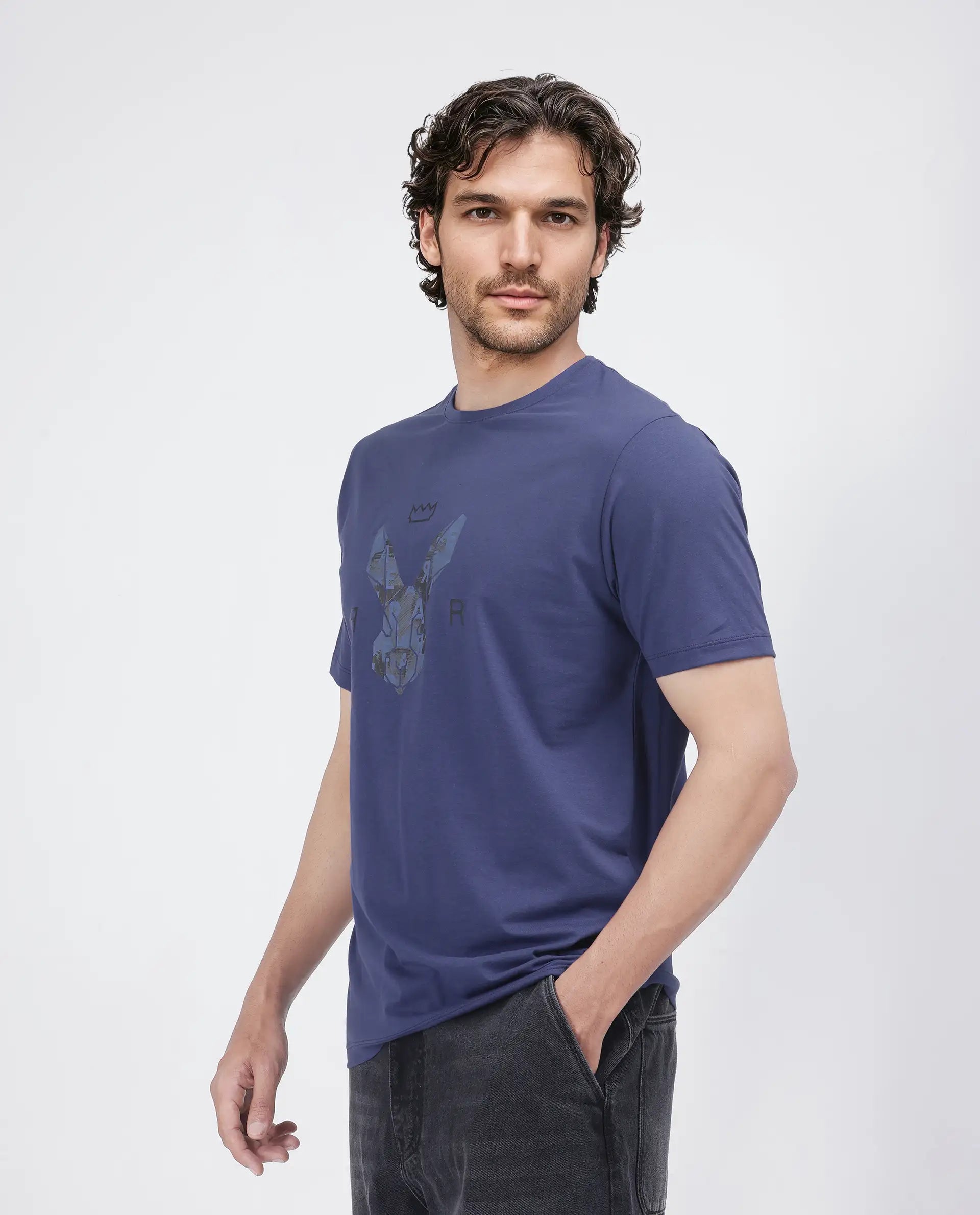 Rare Rabbit Men Qaz Dark Dark Blue Cotton Lycra Fabric Short Sleeve Crew Neck Graphic Print T-Shirt