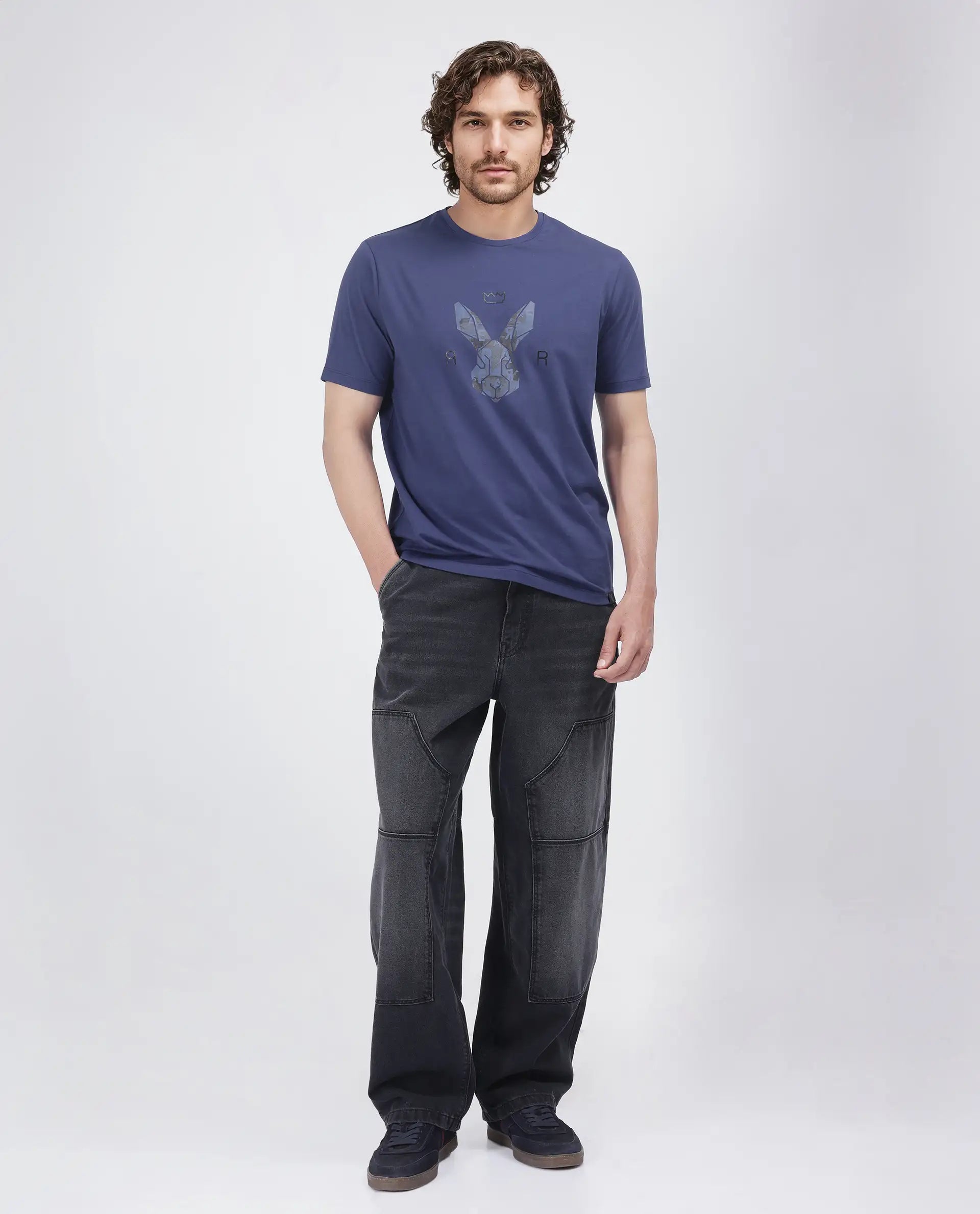 Rare Rabbit Men Qaz Dark Dark Blue Cotton Lycra Fabric Short Sleeve Crew Neck Graphic Print T-Shirt