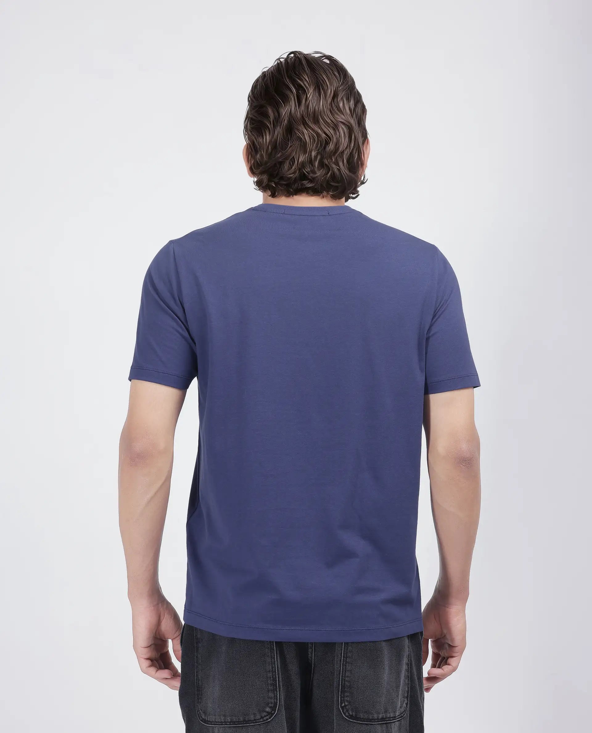 Rare Rabbit Men Qaz Dark Dark Blue Cotton Lycra Fabric Short Sleeve Crew Neck Graphic Print T-Shirt