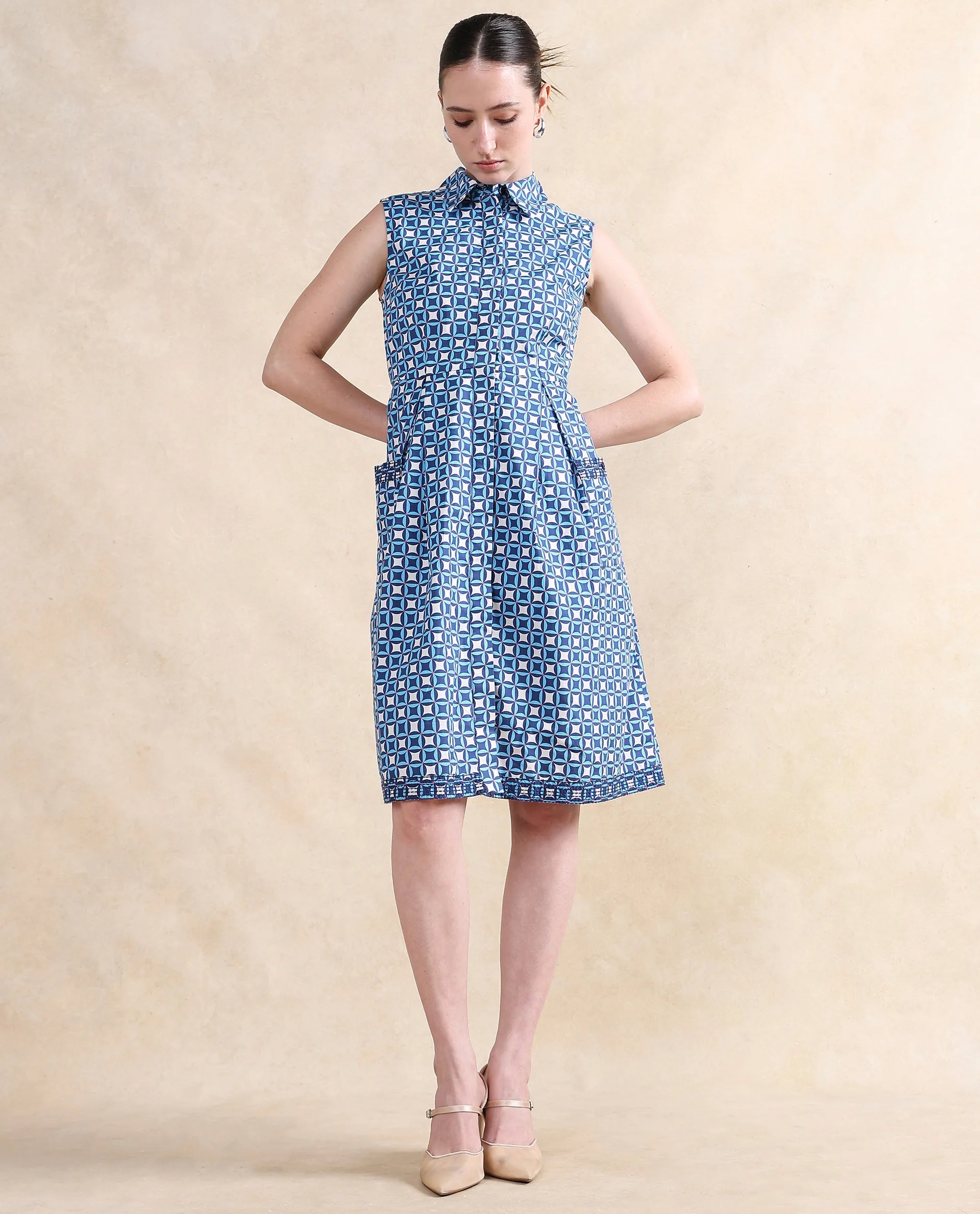 Rareism Women's Qban Multi Cotton Fabric Drop Collar Button Closure Sleeveless Geometric Print A-Line Knee Length Dress