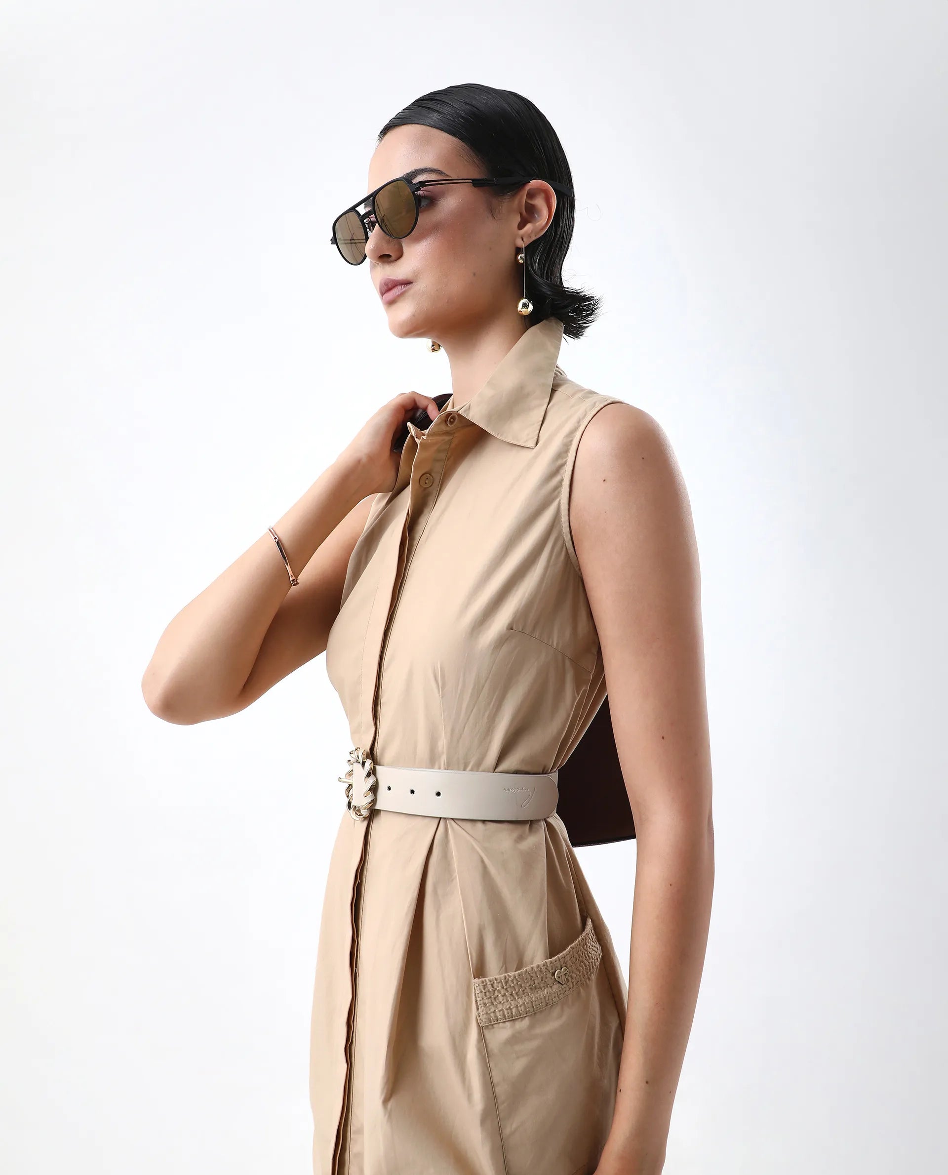 Rareism Women's Qba Light Sand Cotton Drop Collar Plain Sleeveless Midi A-Line Dress