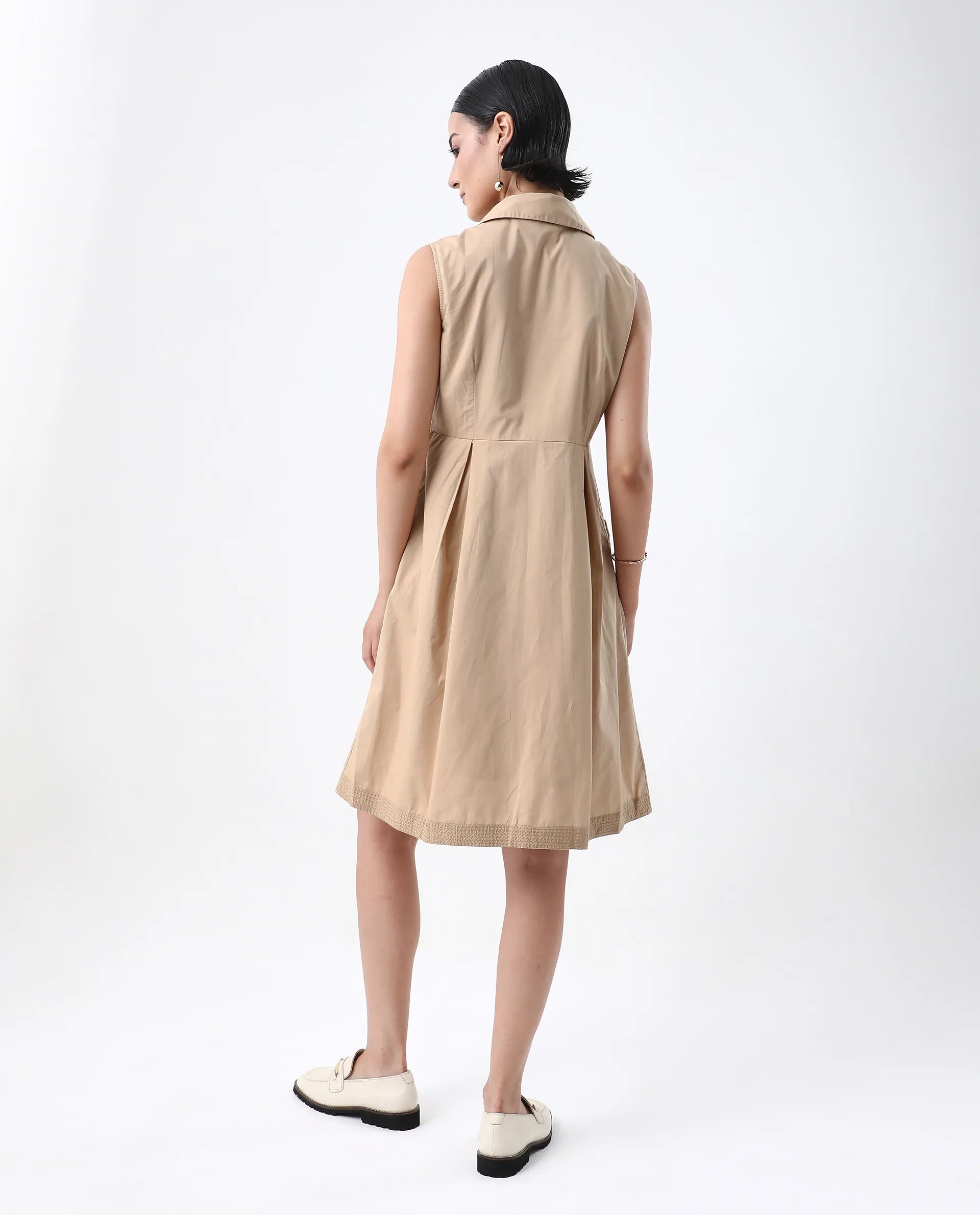 Rareism Women's Qba Light Sand Cotton Drop Collar Plain Sleeveless Midi A-Line Dress