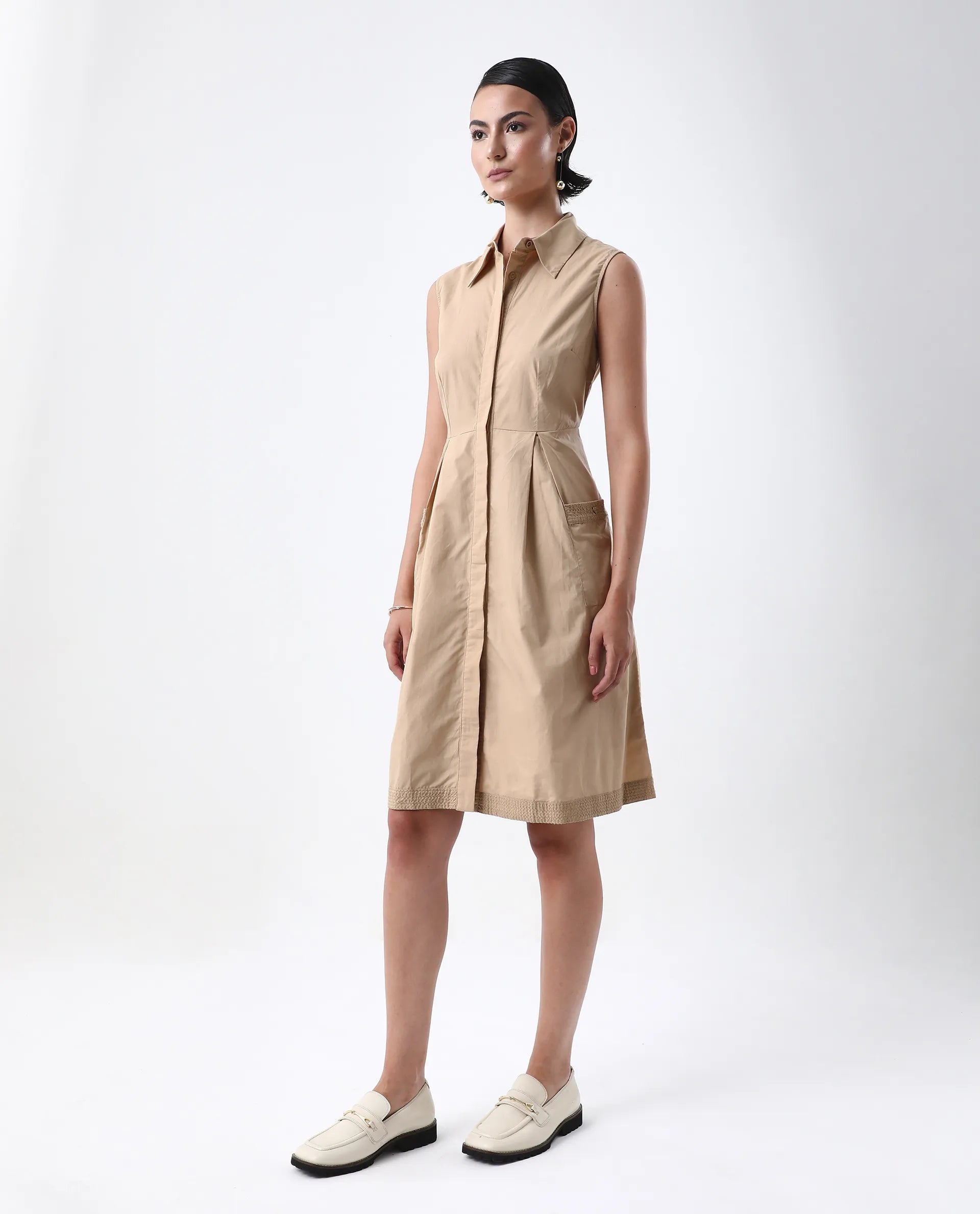 Rareism Women's Qba Light Sand Cotton Drop Collar Plain Sleeveless Midi A-Line Dress