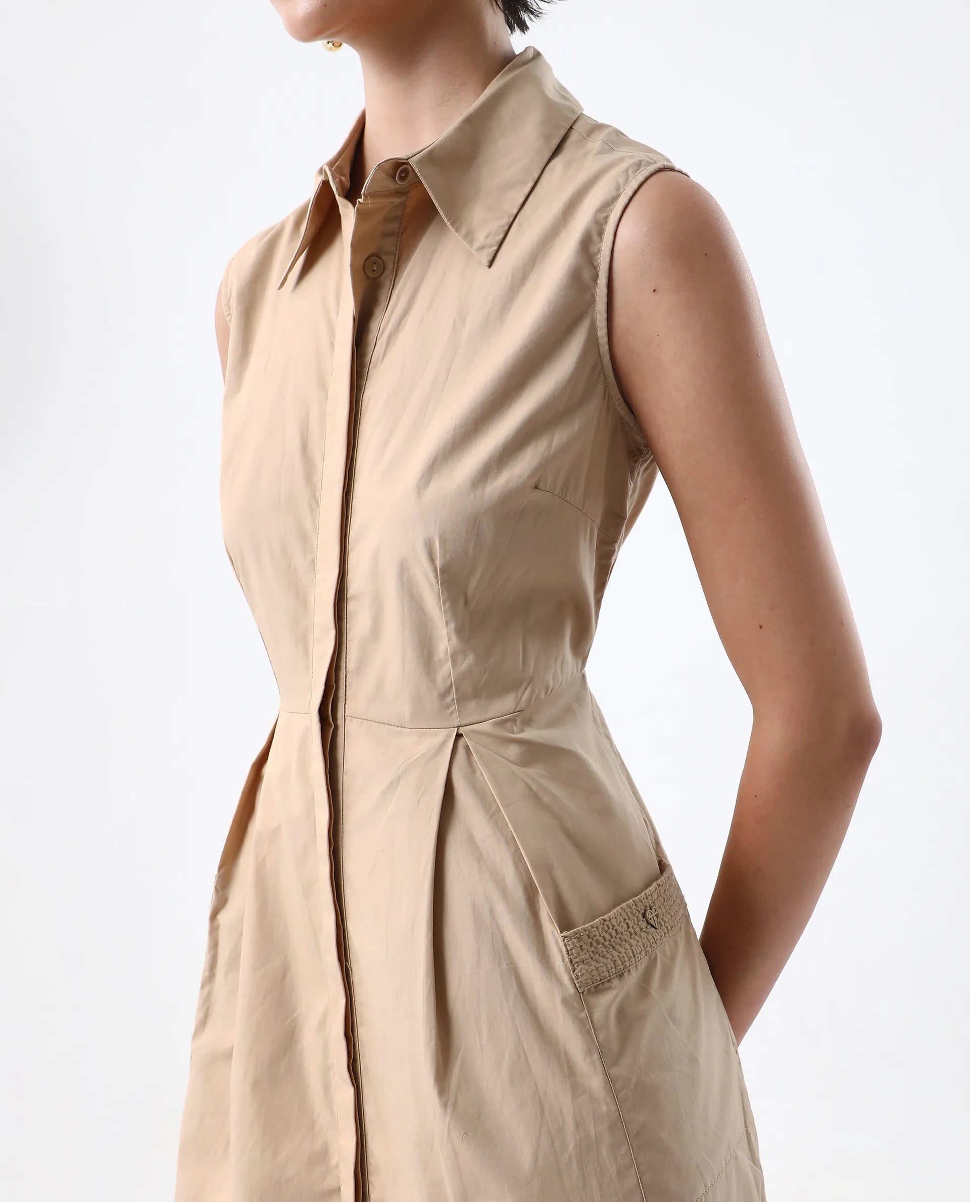 Rareism Women's Qba Light Sand Cotton Drop Collar Plain Sleeveless Midi A-Line Dress