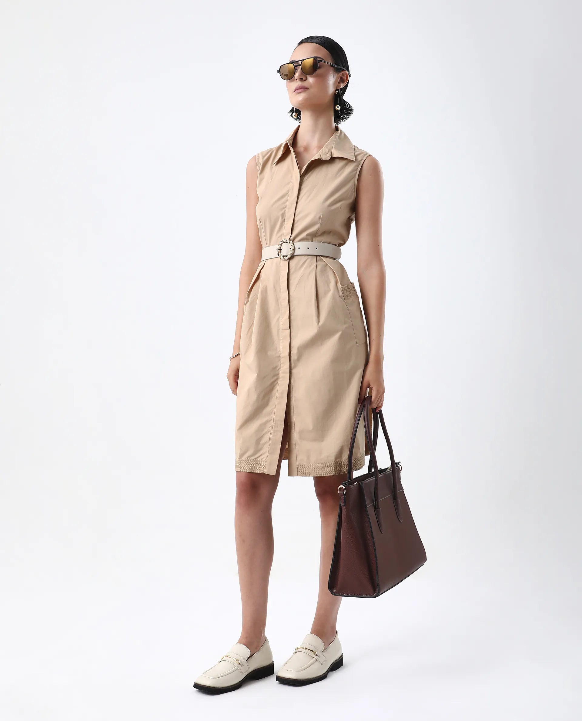 Rareism Women's Qba Light Sand Cotton Drop Collar Plain Sleeveless Midi A-Line Dress