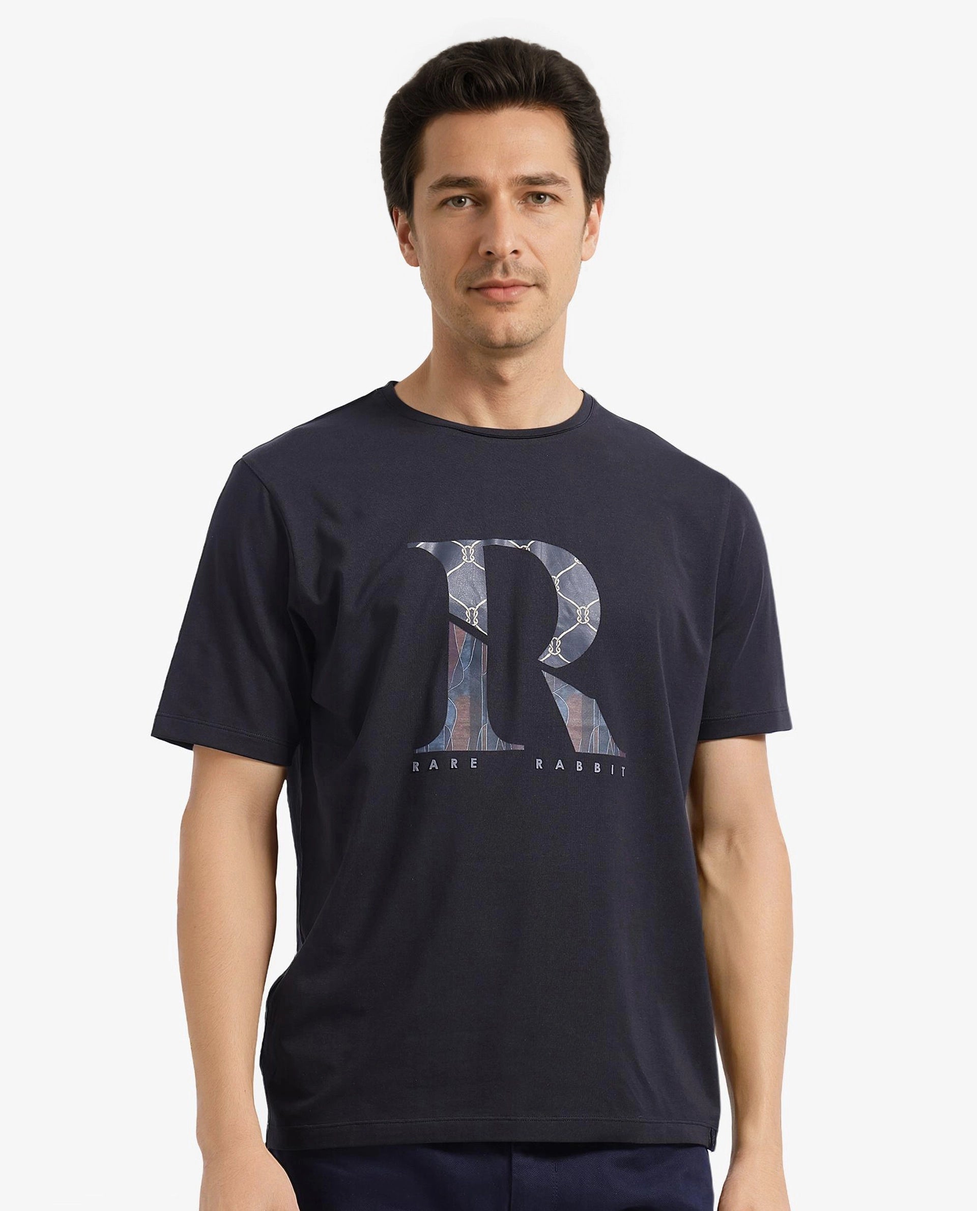 Rare Rabbit Men Qeat Black Cotton Lycra Fabric Short Sleeves Crew Neck Digital Print T-Shirt