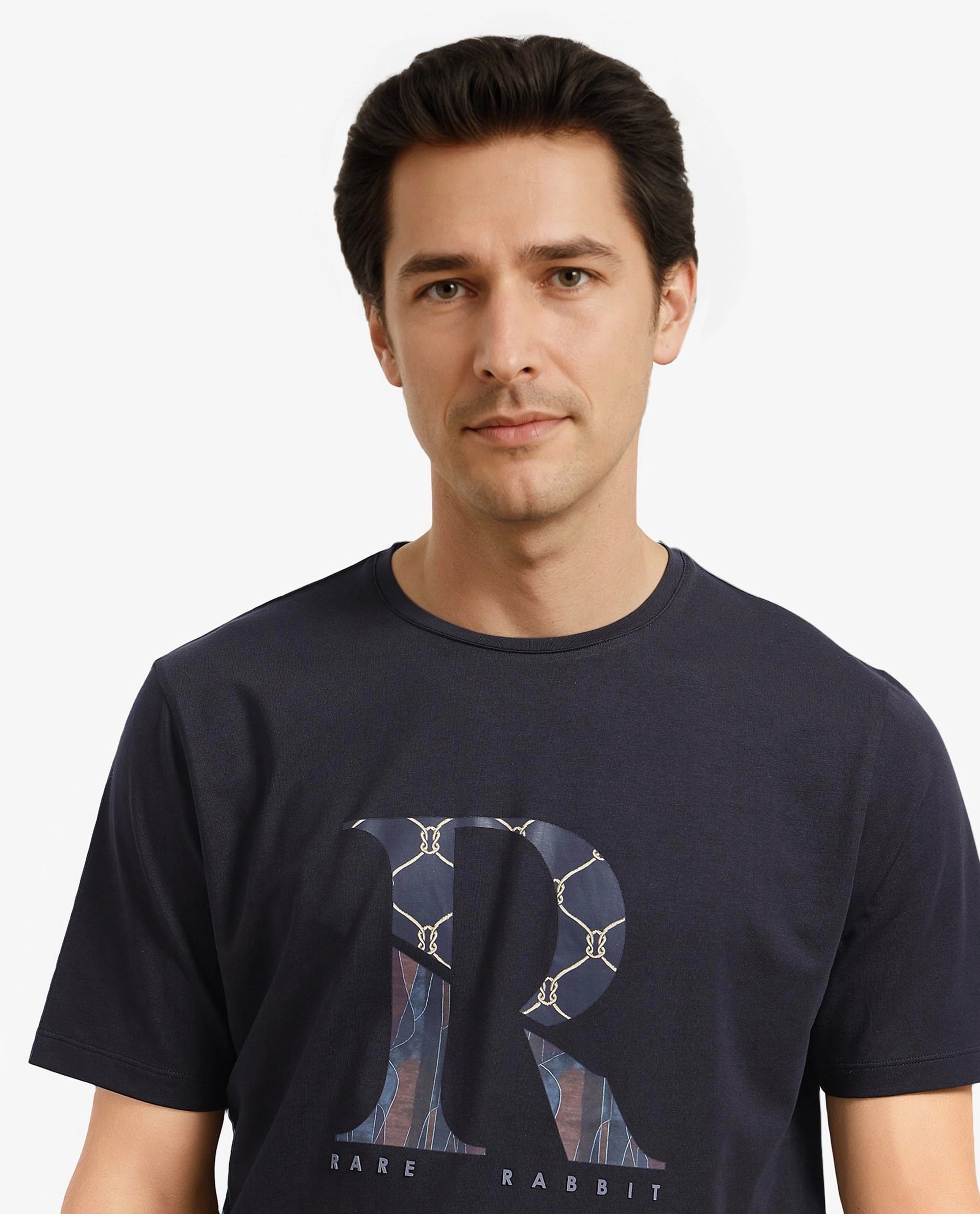 Rare Rabbit Men Qeat Black Cotton Lycra Fabric Short Sleeves Crew Neck Digital Print T-Shirt