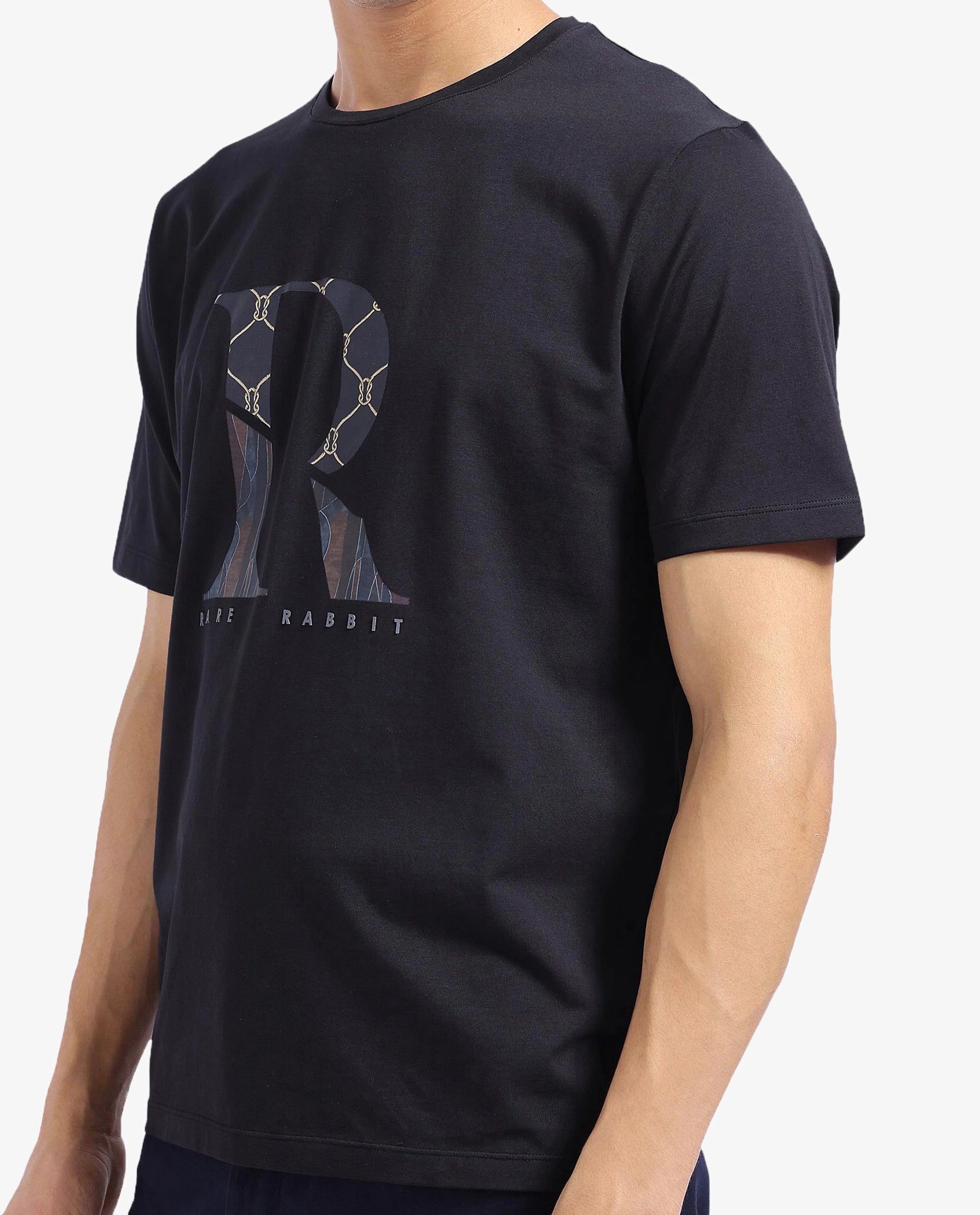 Rare Rabbit Men Qeat Black Cotton Lycra Fabric Short Sleeves Crew Neck Digital Print T-Shirt