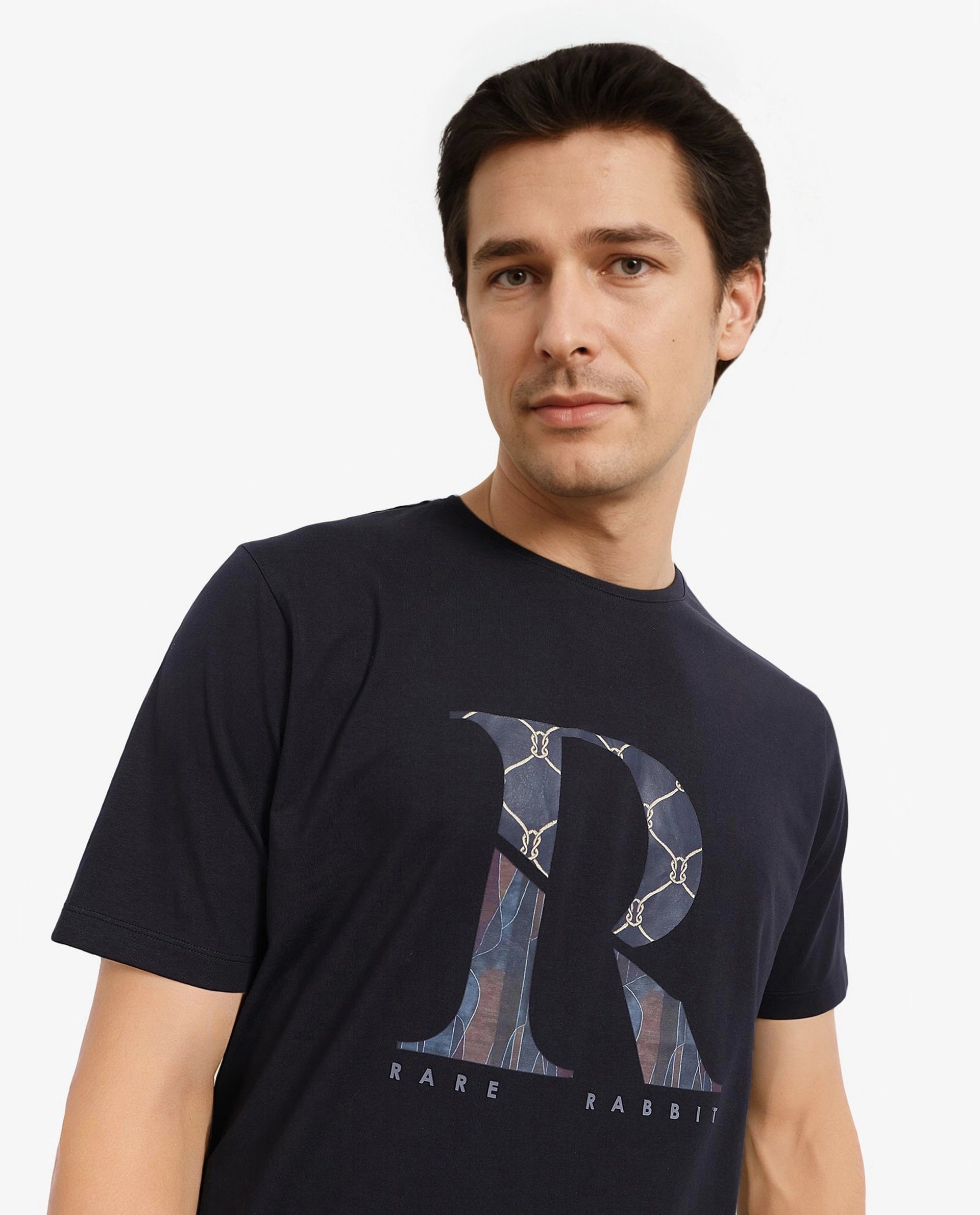 Rare Rabbit Men Qeat Black Cotton Lycra Fabric Short Sleeves Crew Neck Digital Print T-Shirt