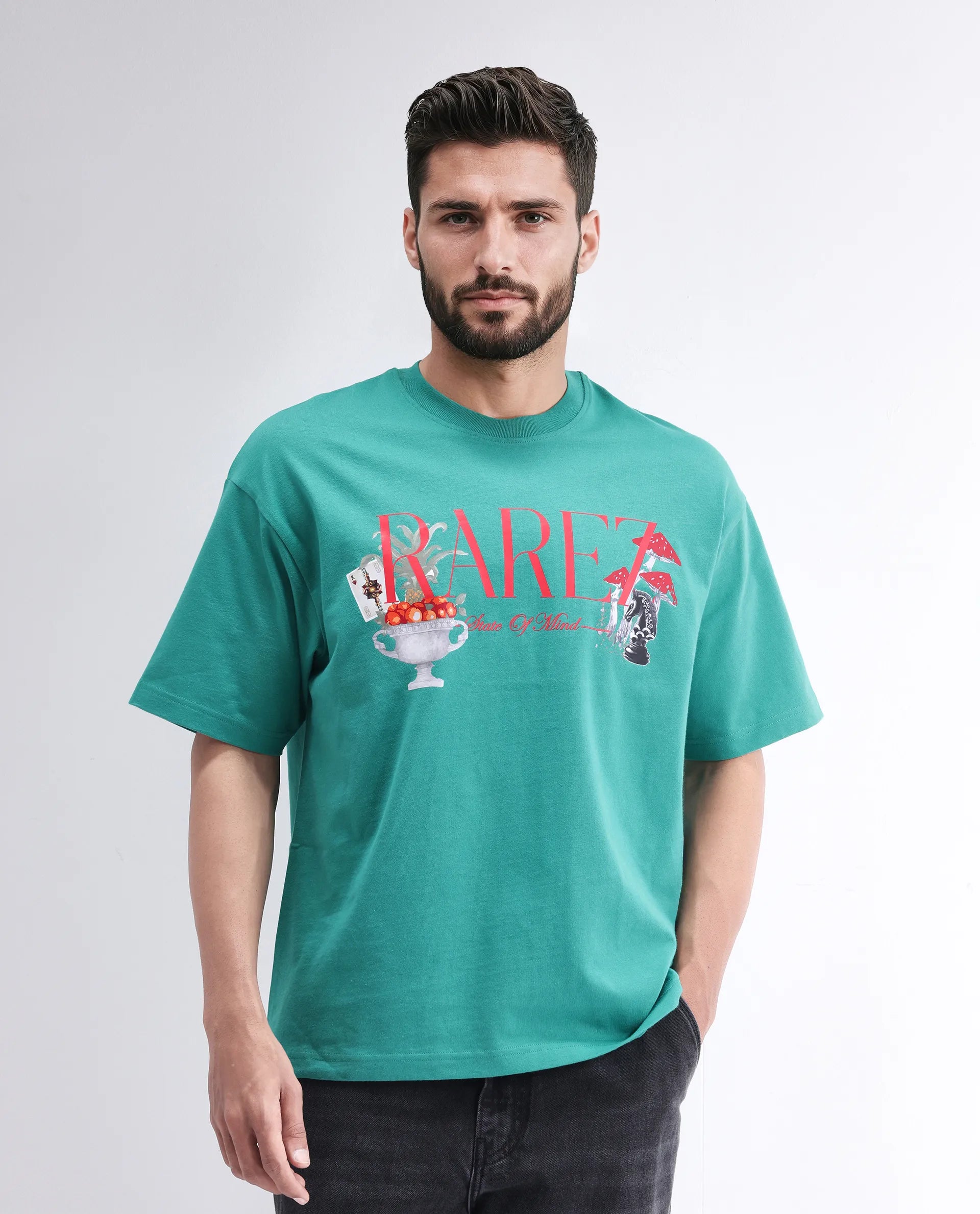 Rare Rabbit Men's Qena Green Cotton Graphic Print Oversized Fit Half Sleeve Crew Neck T-Shirt