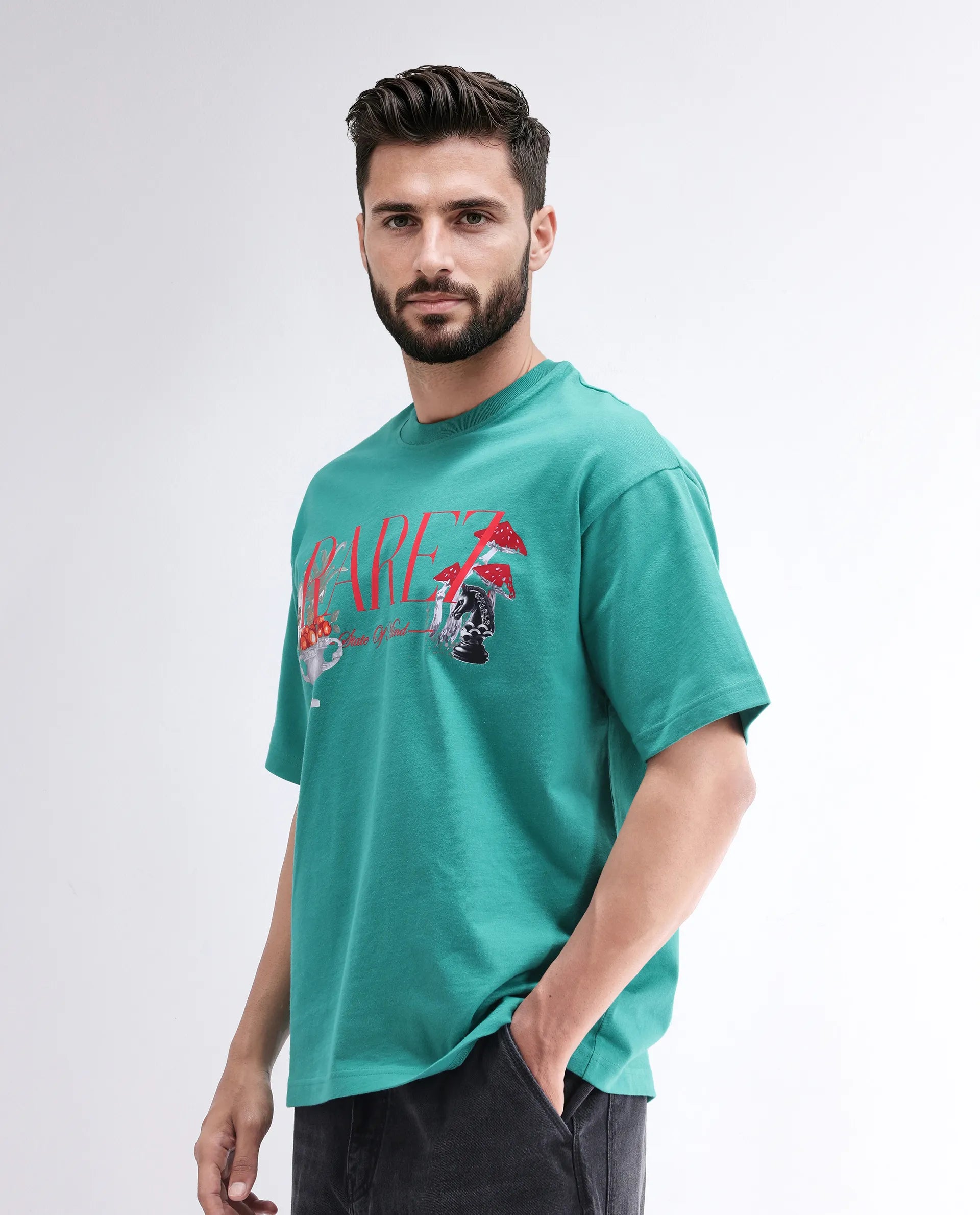 Rare Rabbit Men's Qena Green Cotton Graphic Print Oversized Fit Half Sleeve Crew Neck T-Shirt