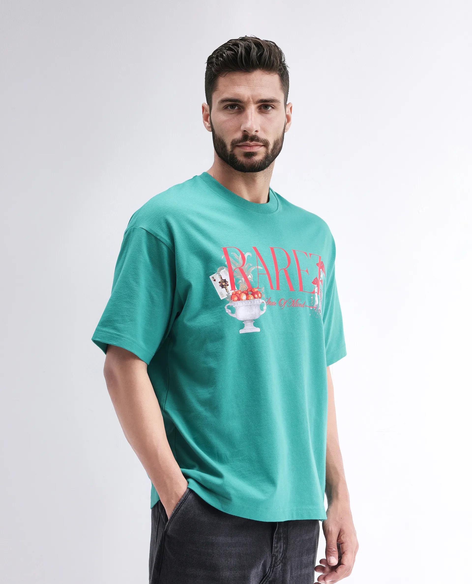 Rare Rabbit Men's Qena Green Cotton Graphic Print Oversized Fit Half Sleeve Crew Neck T-Shirt