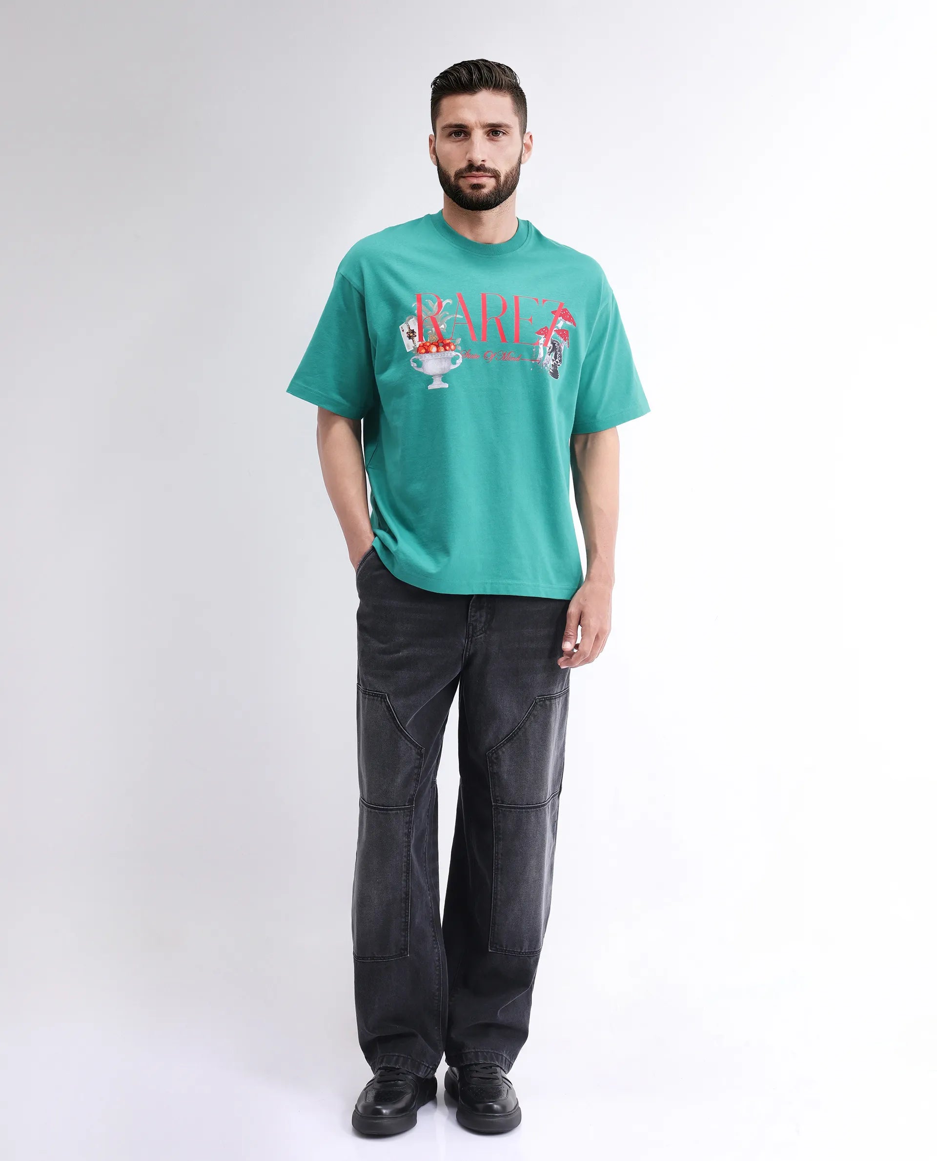 Rare Rabbit Men's Qena Green Cotton Graphic Print Oversized Fit Half Sleeve Crew Neck T-Shirt