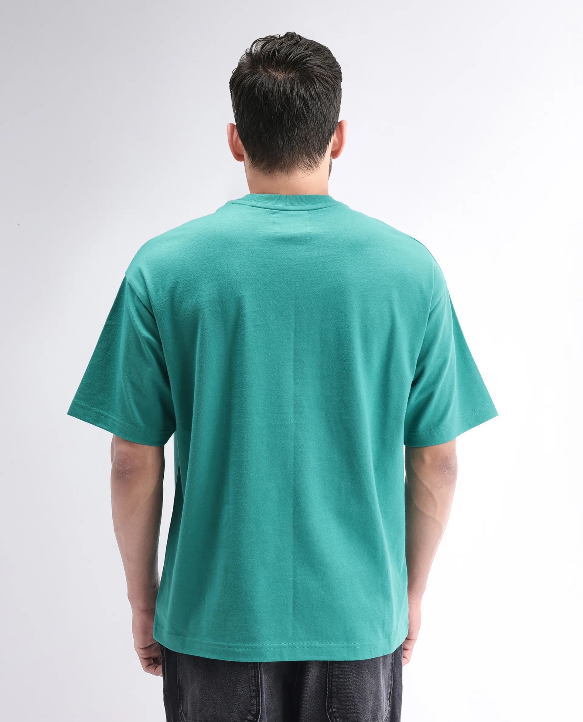 Rare Rabbit Men's Qena Green Cotton Graphic Print Oversized Fit Half Sleeve Crew Neck T-Shirt