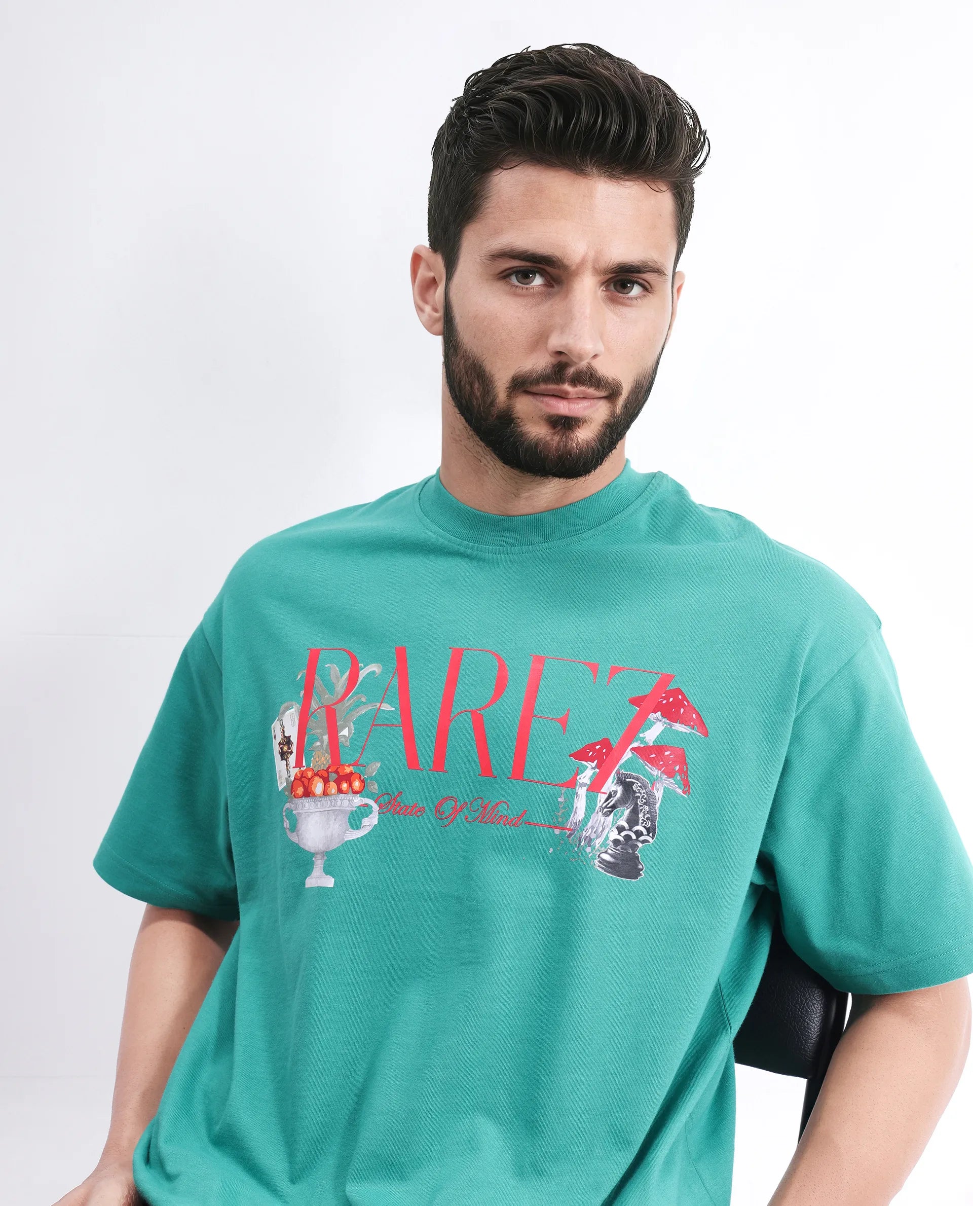 Rare Rabbit Men's Qena Green Cotton Graphic Print Oversized Fit Half Sleeve Crew Neck T-Shirt
