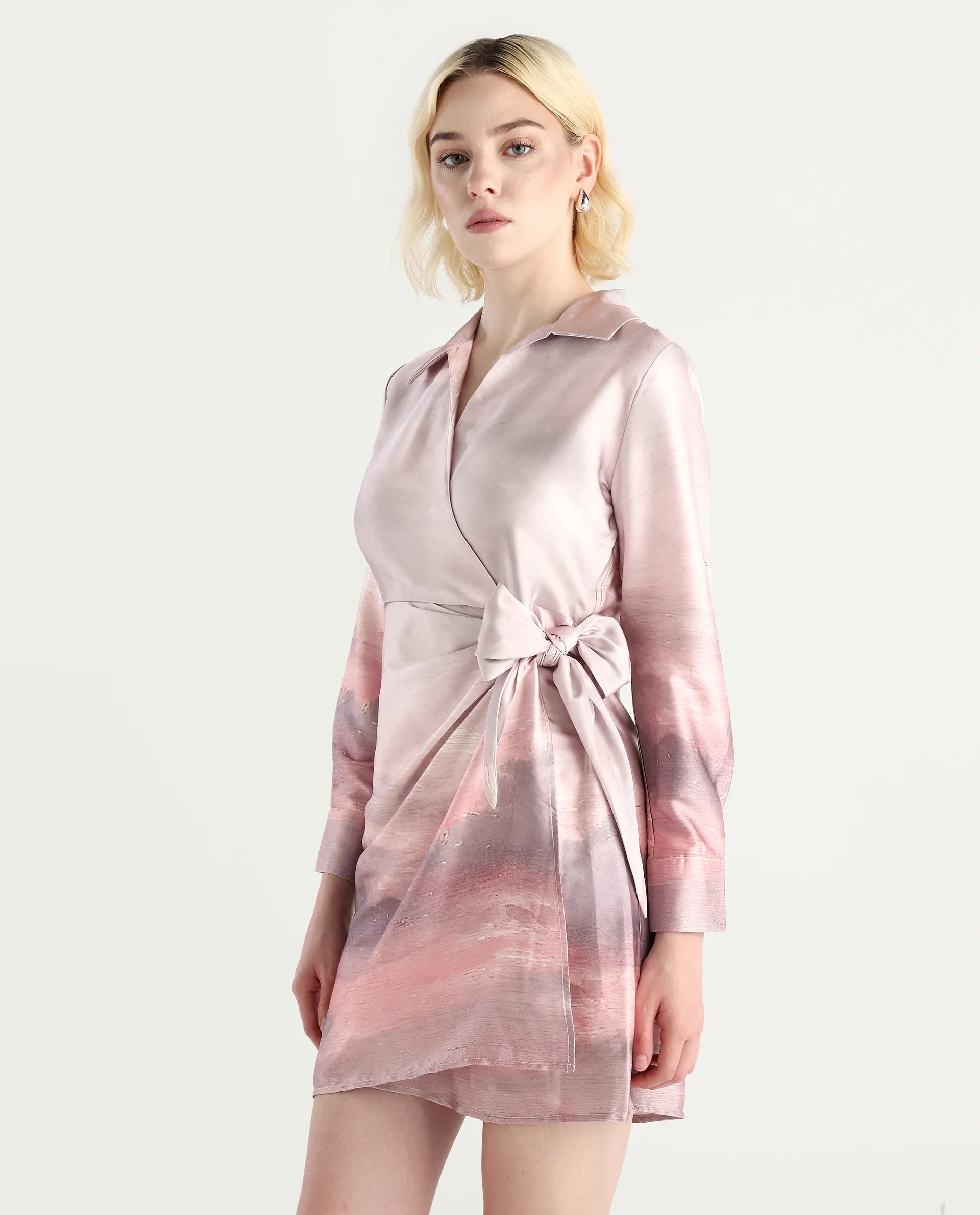 Rareism Women's Qert Dusky Multi Satin Johnny Collar Abstract Print Cuffed Sleeve Mini Straight Fit Dress