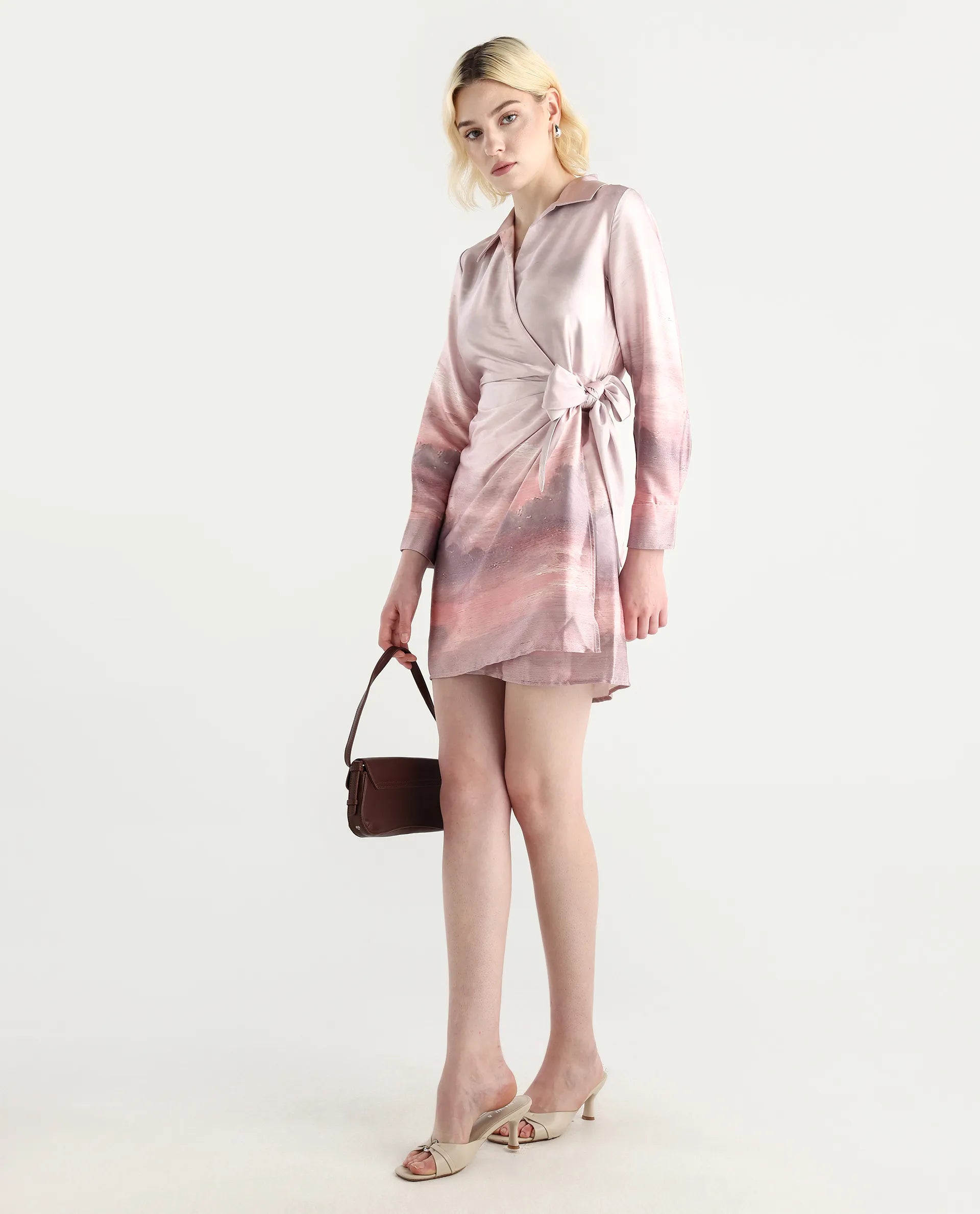 Rareism Women's Qert Dusky Multi Satin Johnny Collar Abstract Print Cuffed Sleeve Mini Straight Fit Dress