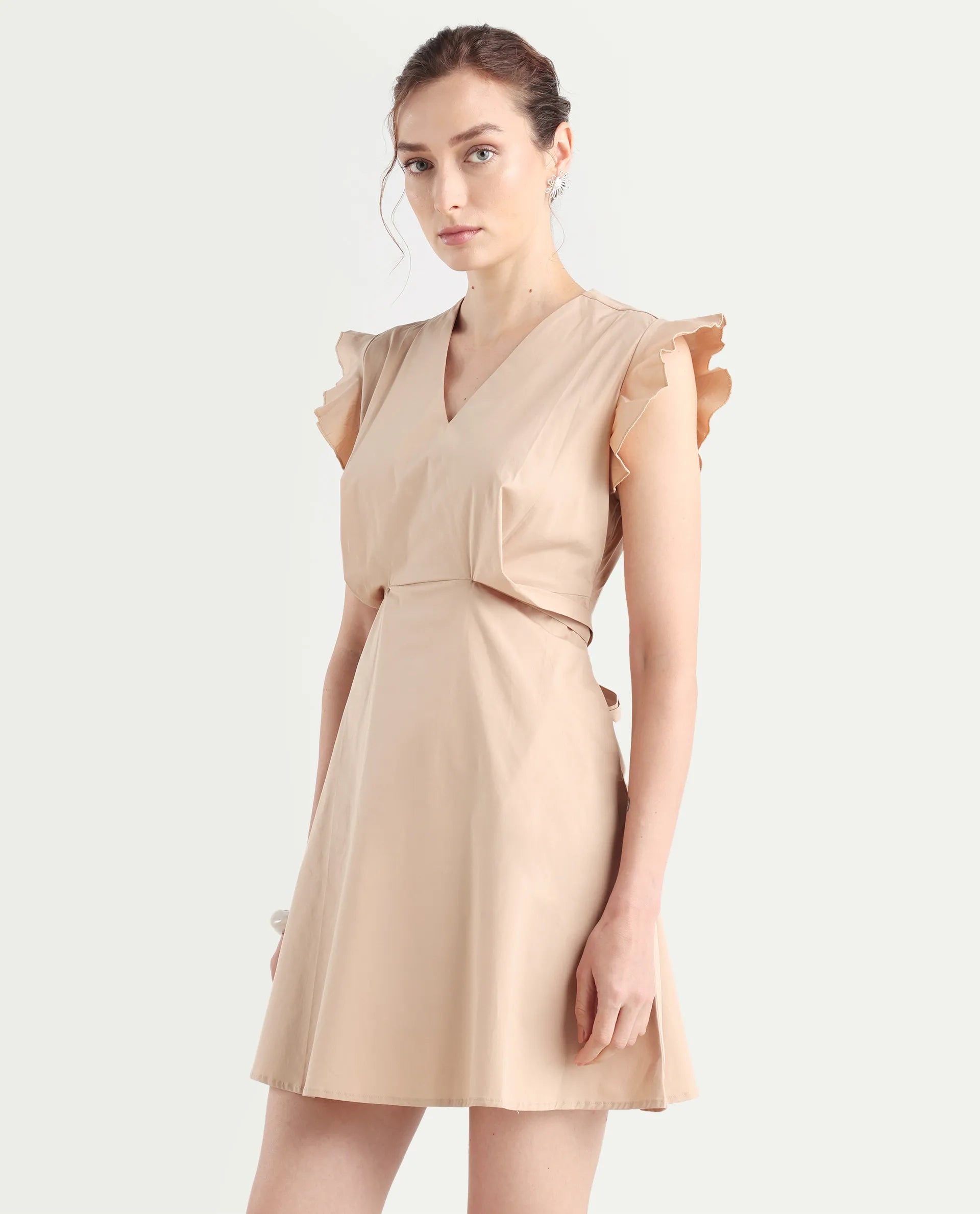 Rareism Women's Qinc Beige Cotton Blend V-Neck Plain Ruffled Sleeve Mini Fit And Flare Dress