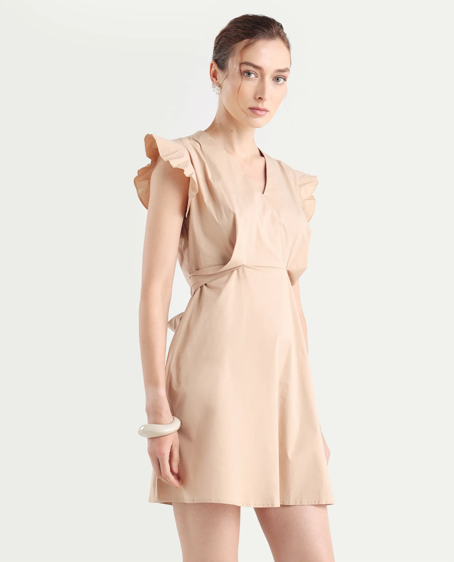 Rareism Women's Qinc Beige Cotton Blend V-Neck Plain Ruffled Sleeve Mini Fit And Flare Dress