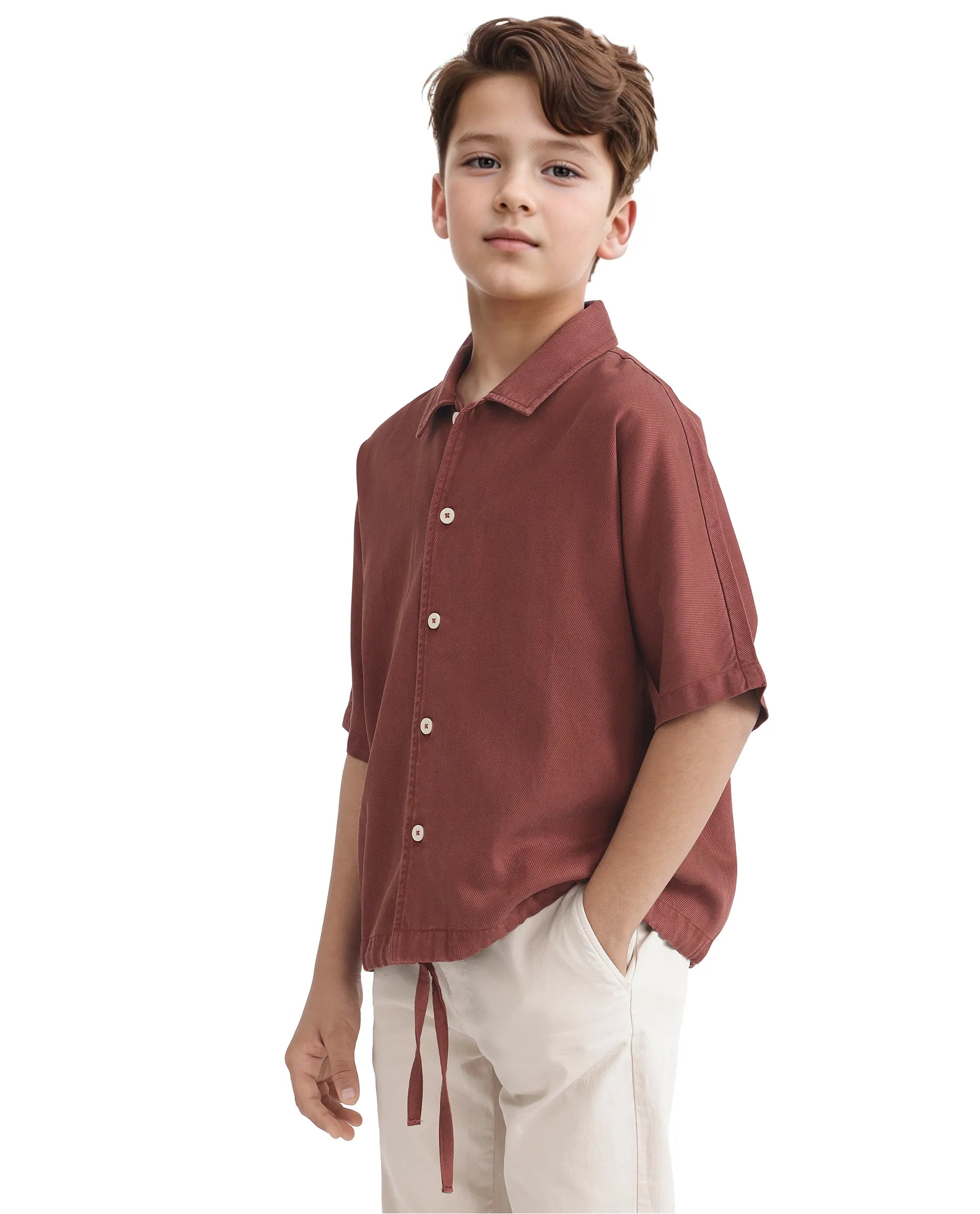 Rare Ones Kids Qirk Brown Cotton Blend Half Sleeve Solid Regular Shirt