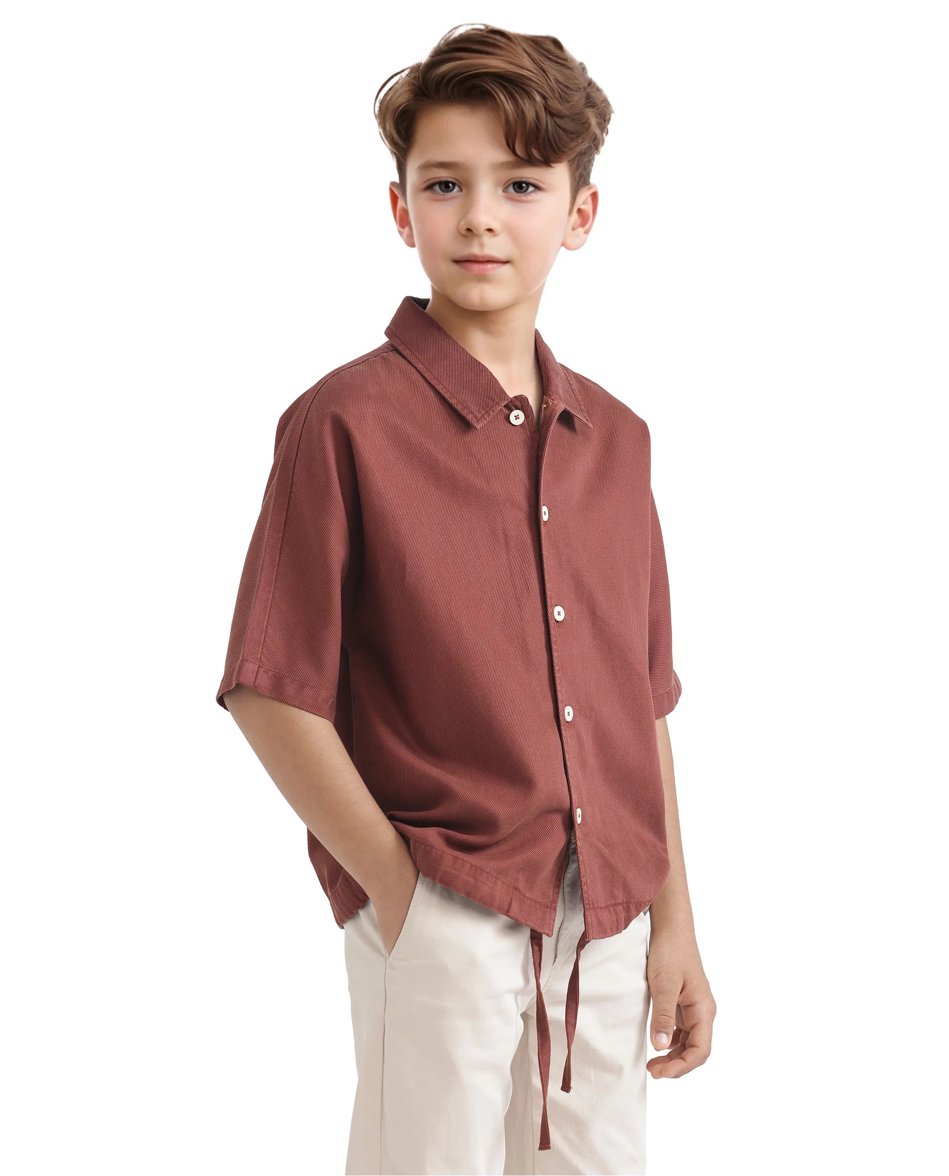 Rare Ones Kids Qirk Brown Cotton Blend Half Sleeve Solid Regular Shirt