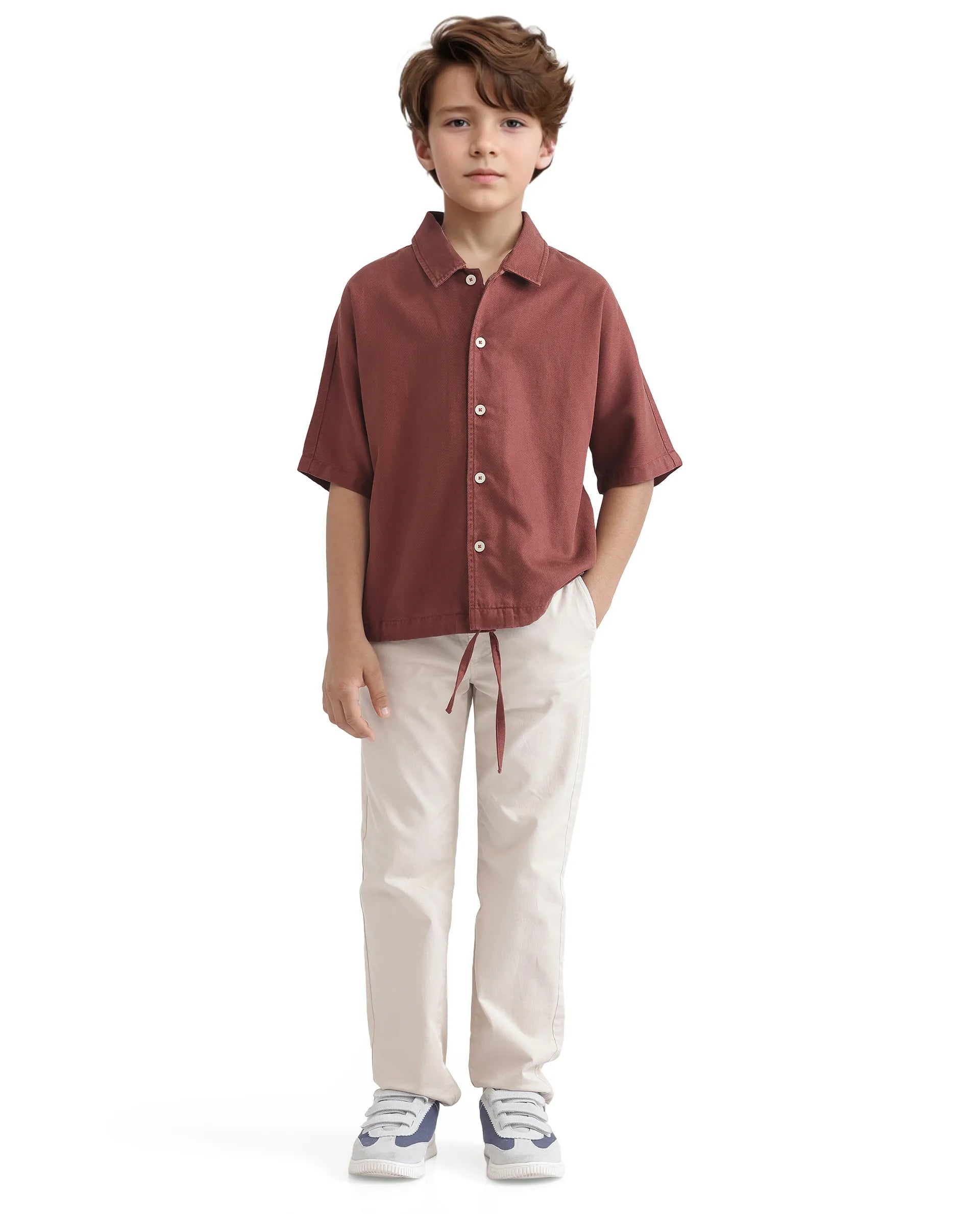 Rare Ones Kids Qirk Brown Cotton Blend Half Sleeve Solid Regular Shirt