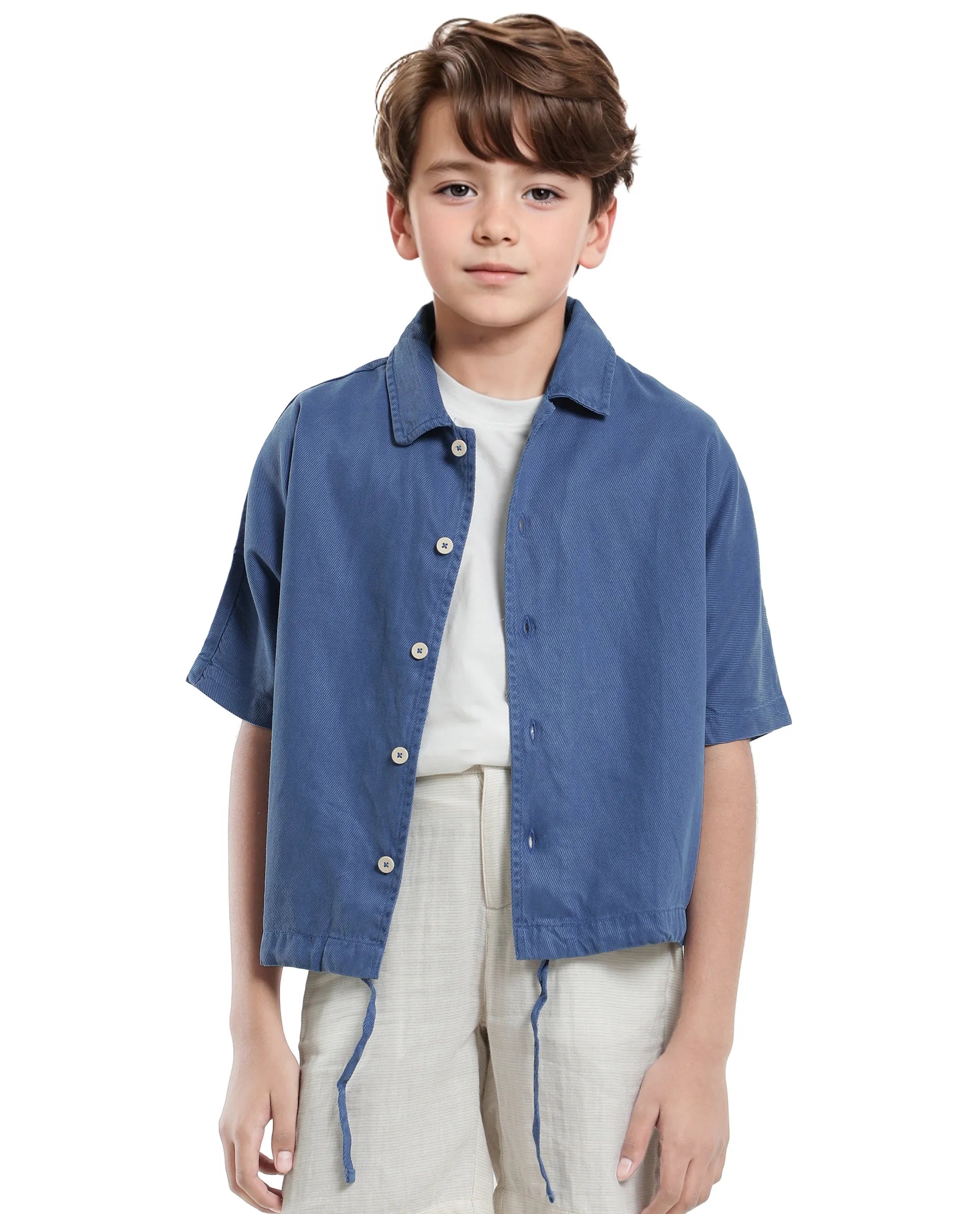 Rare Ones Kids Qirk Blue Cotton Blend Short Sleeve Solid Regular Shirt