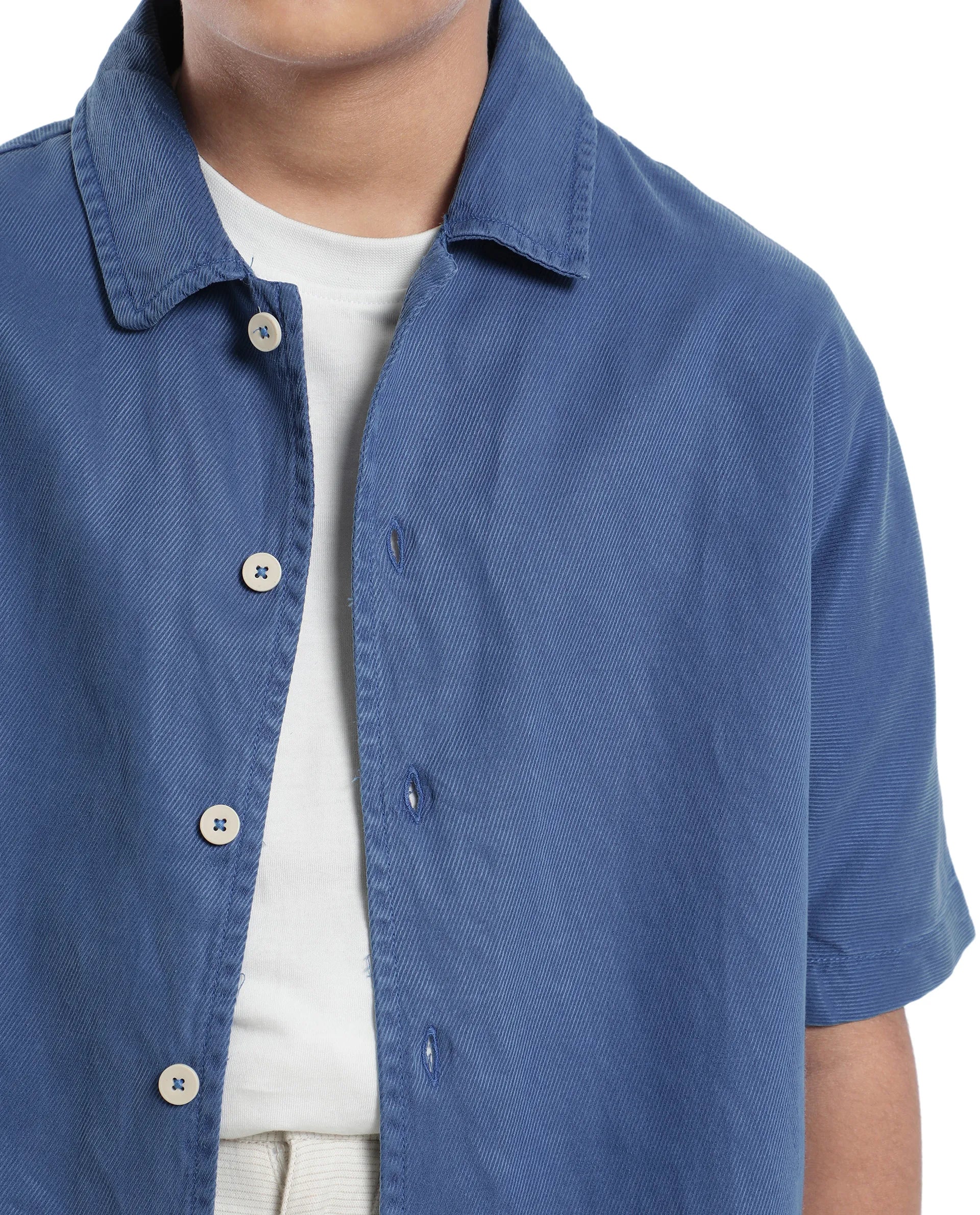 Rare Ones Kids Qirk Blue Cotton Blend Short Sleeve Solid Regular Shirt