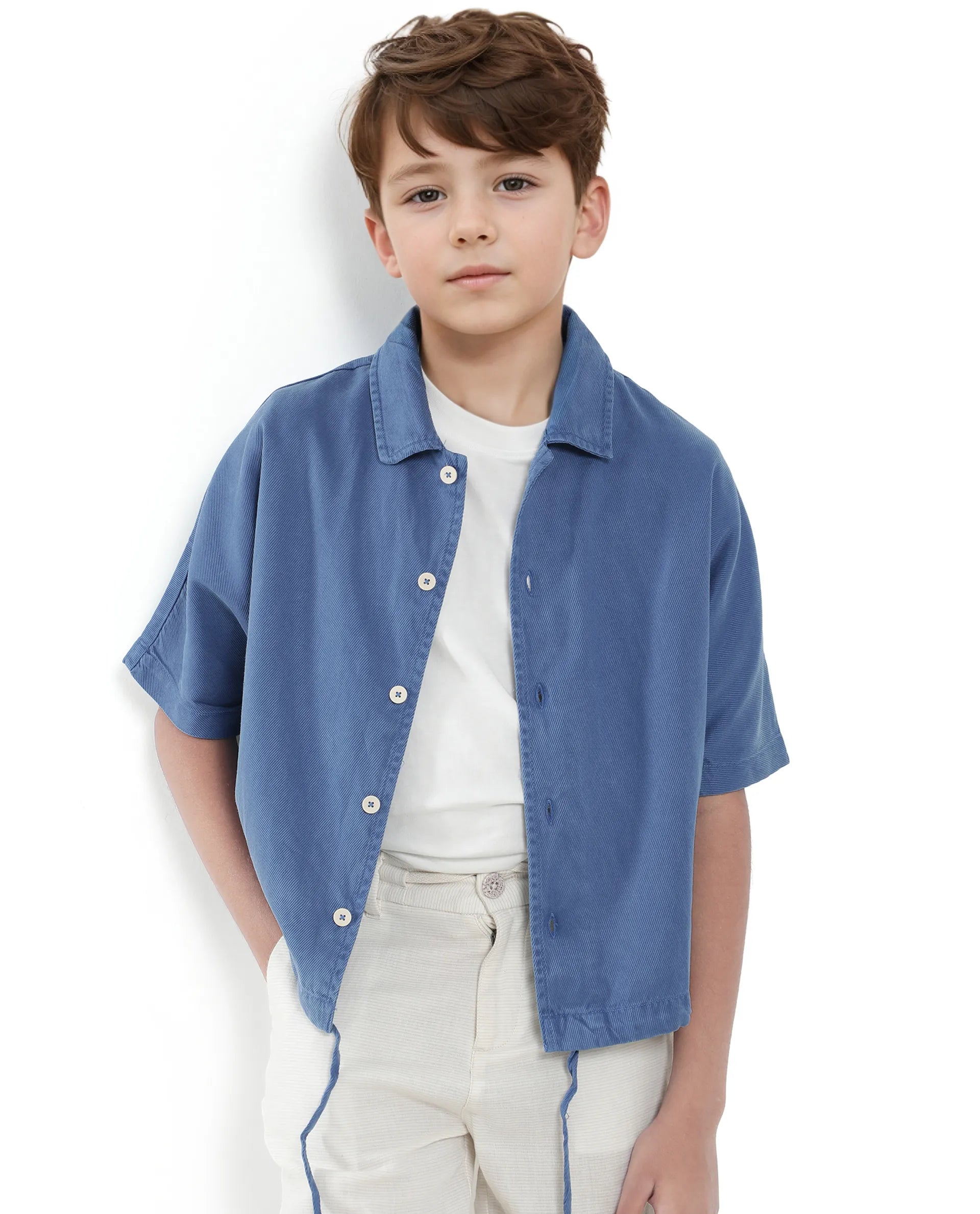 Rare Ones Kids Qirk Blue Cotton Blend Short Sleeve Solid Regular Shirt