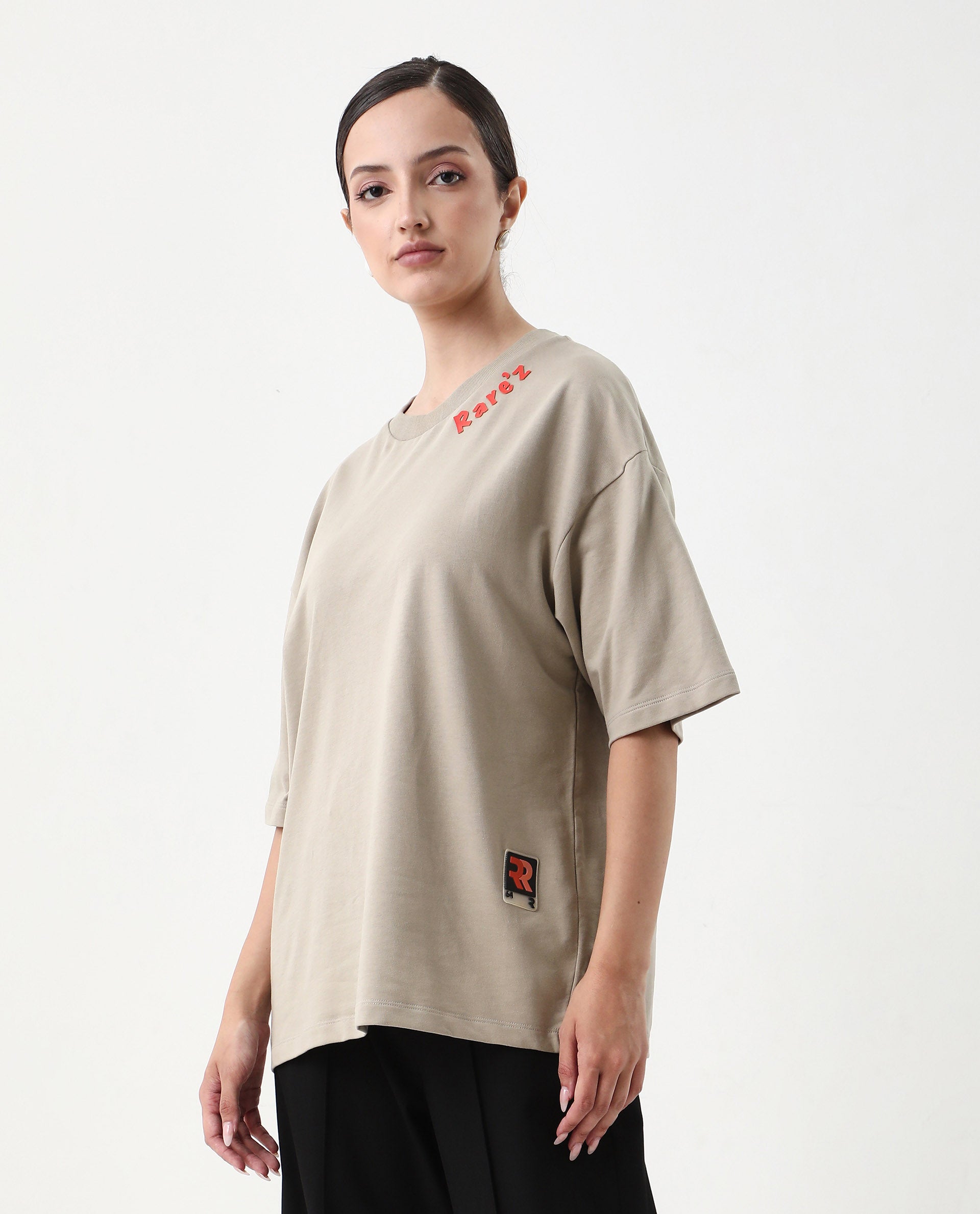 Rareism Women's Qlax Beige Cotton Graphic Print Oversized T-Shirt