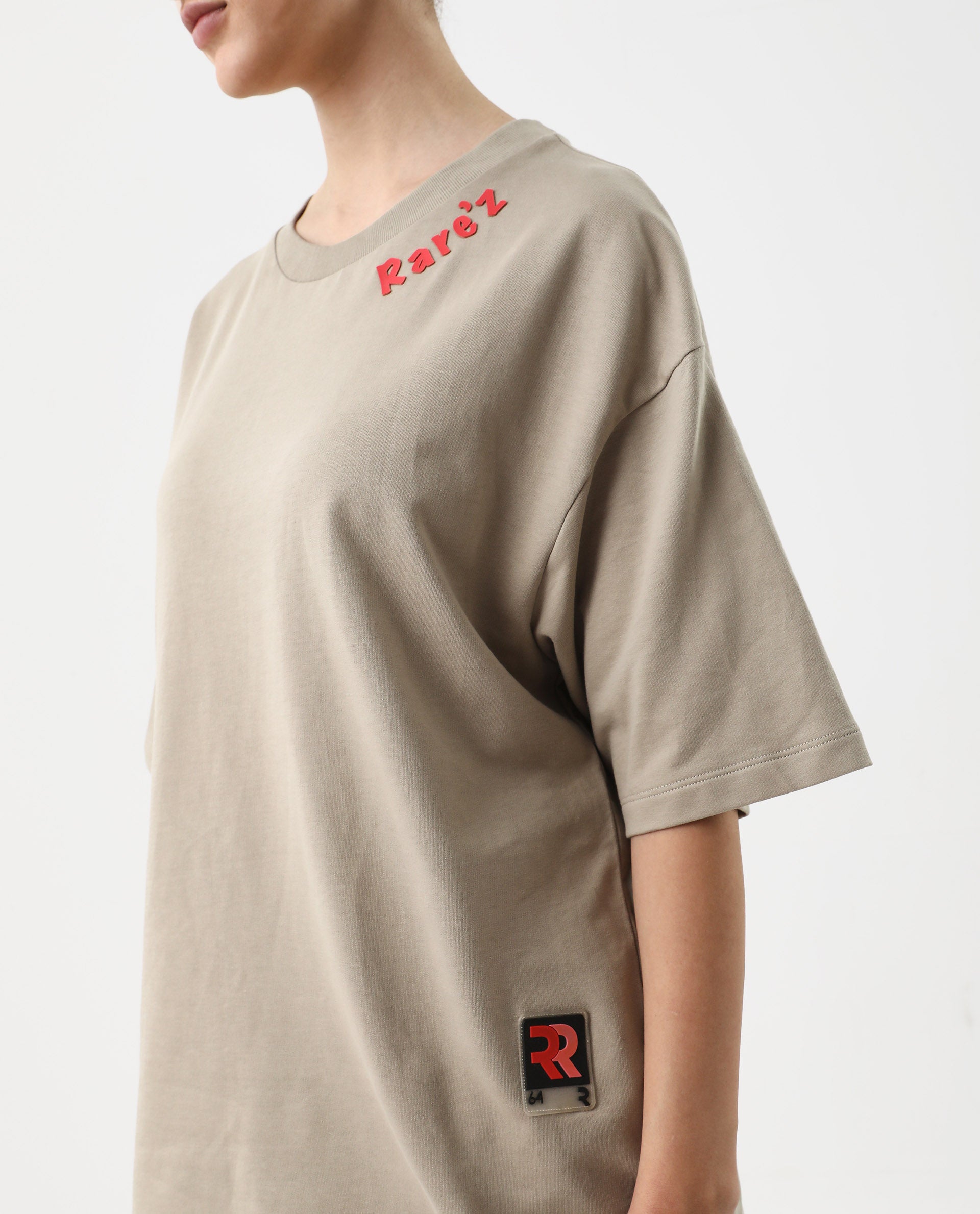 Rareism Women's Qlax Beige Cotton Graphic Print Oversized T-Shirt