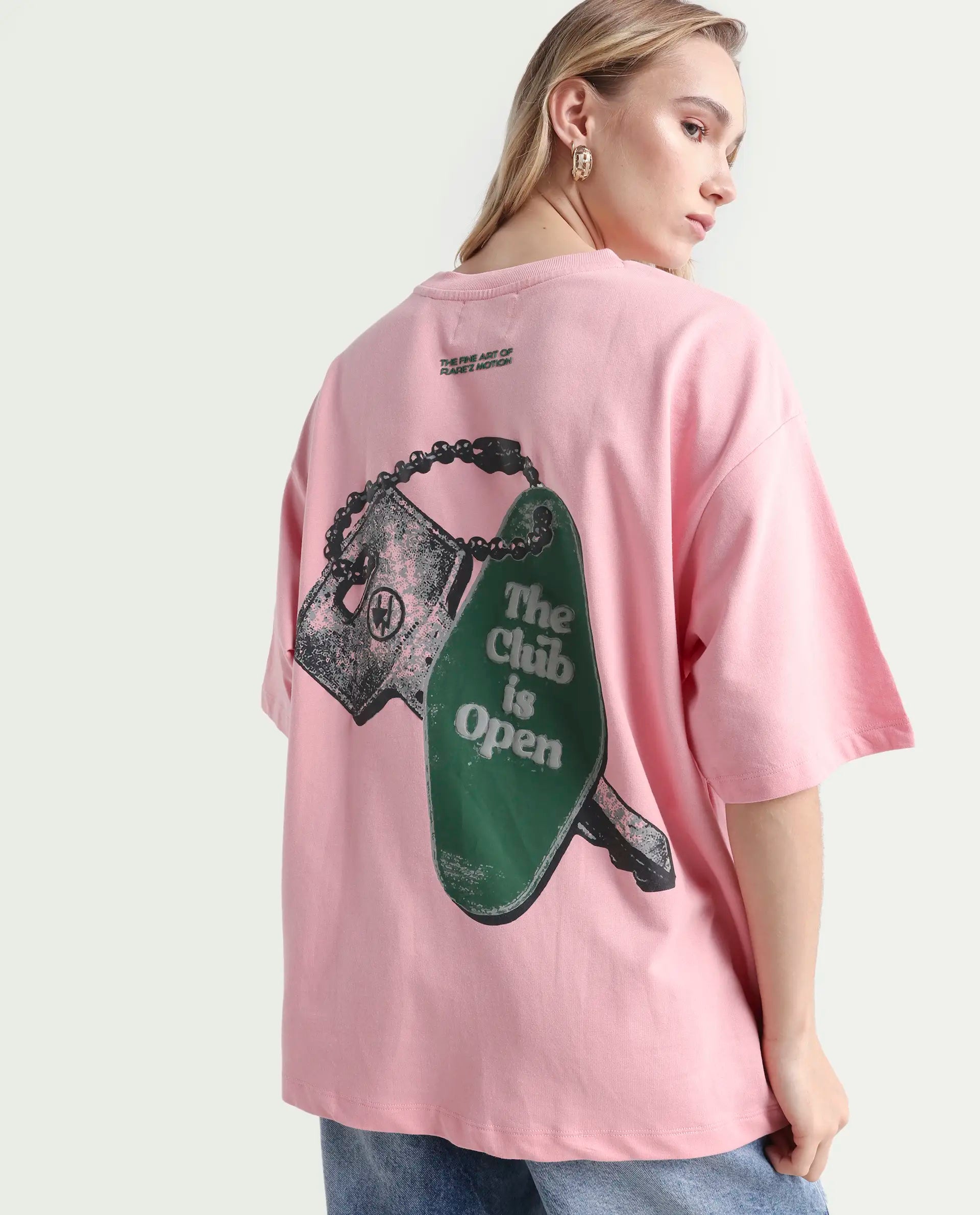 Rareism Women's Qlax Pink Cotton Graphic Print Oversized T-Shirt