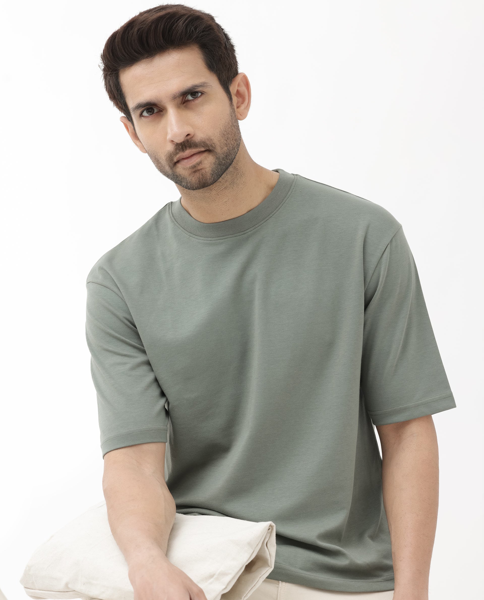 Rare Rabbit Men's Qlo Dusky Olive Cotton Polyester Fabric Short Sleeve Crew Neck Oversized Fit Solid T-Shirt