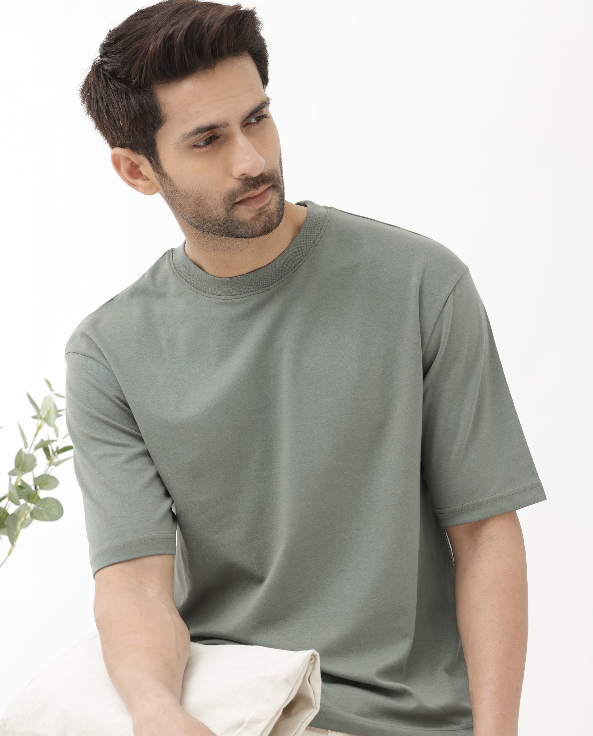 Rare Rabbit Men's Qlo Dusky Olive Cotton Polyester Fabric Short Sleeve Crew Neck Oversized Fit Solid T-Shirt