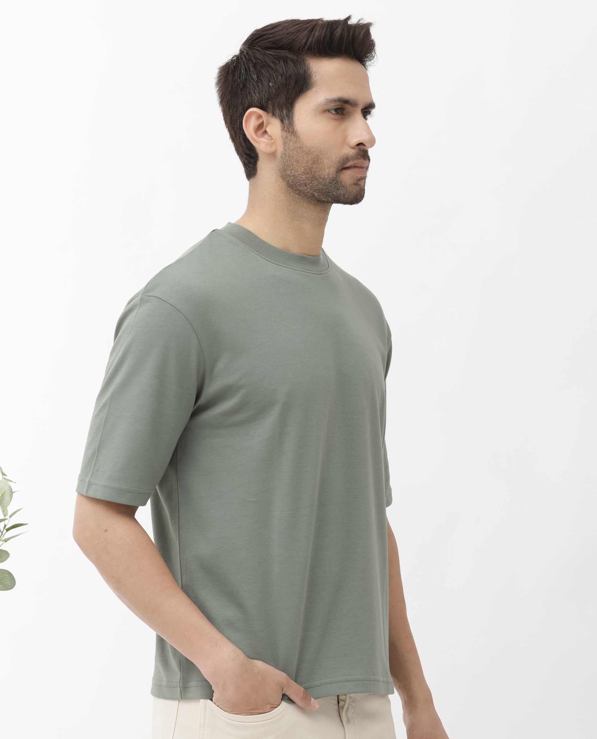 Rare Rabbit Men's Qlo Dusky Olive Cotton Polyester Fabric Short Sleeve Crew Neck Oversized Fit Solid T-Shirt