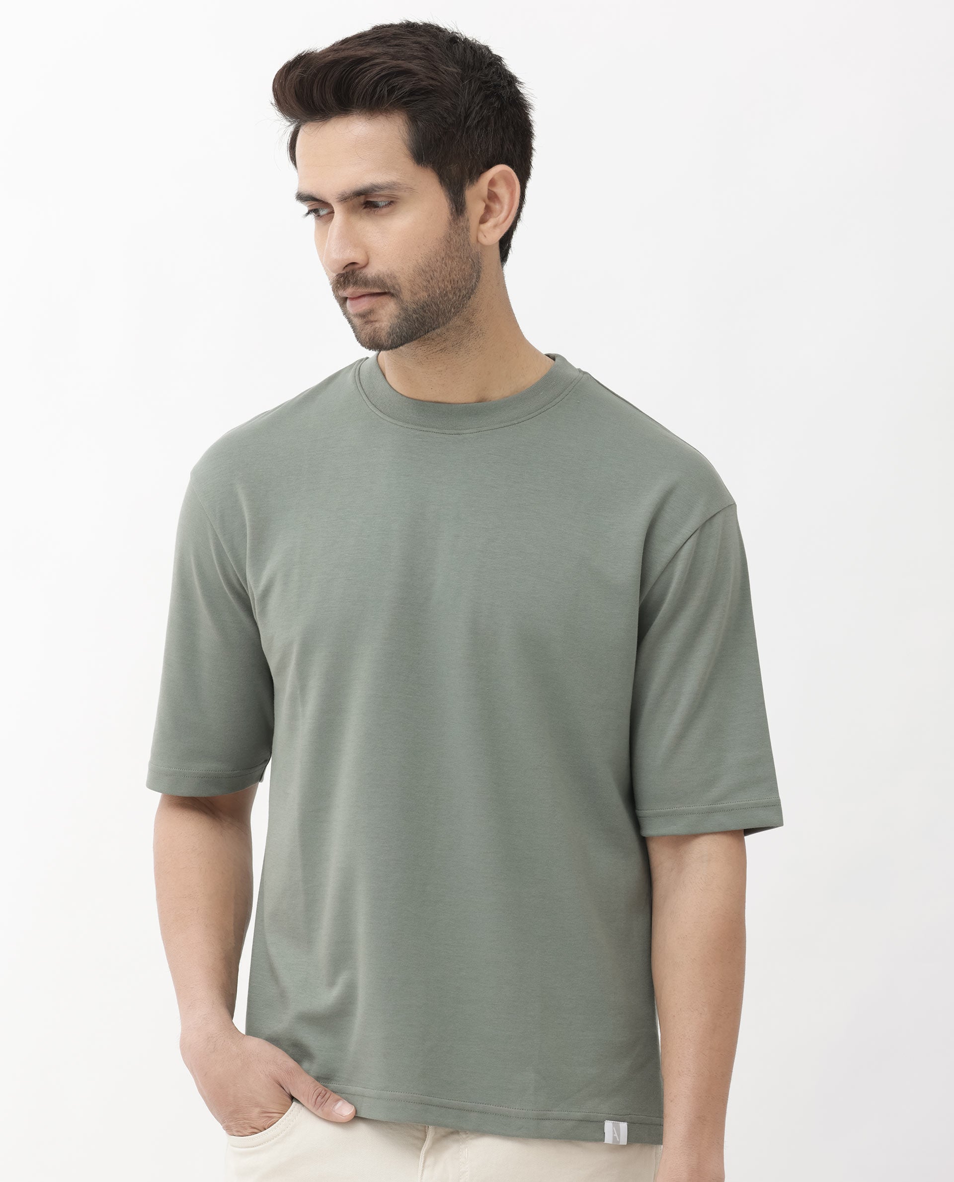 Rare Rabbit Men's Qlo Dusky Olive Cotton Polyester Fabric Short Sleeve Crew Neck Oversized Fit Solid T-Shirt