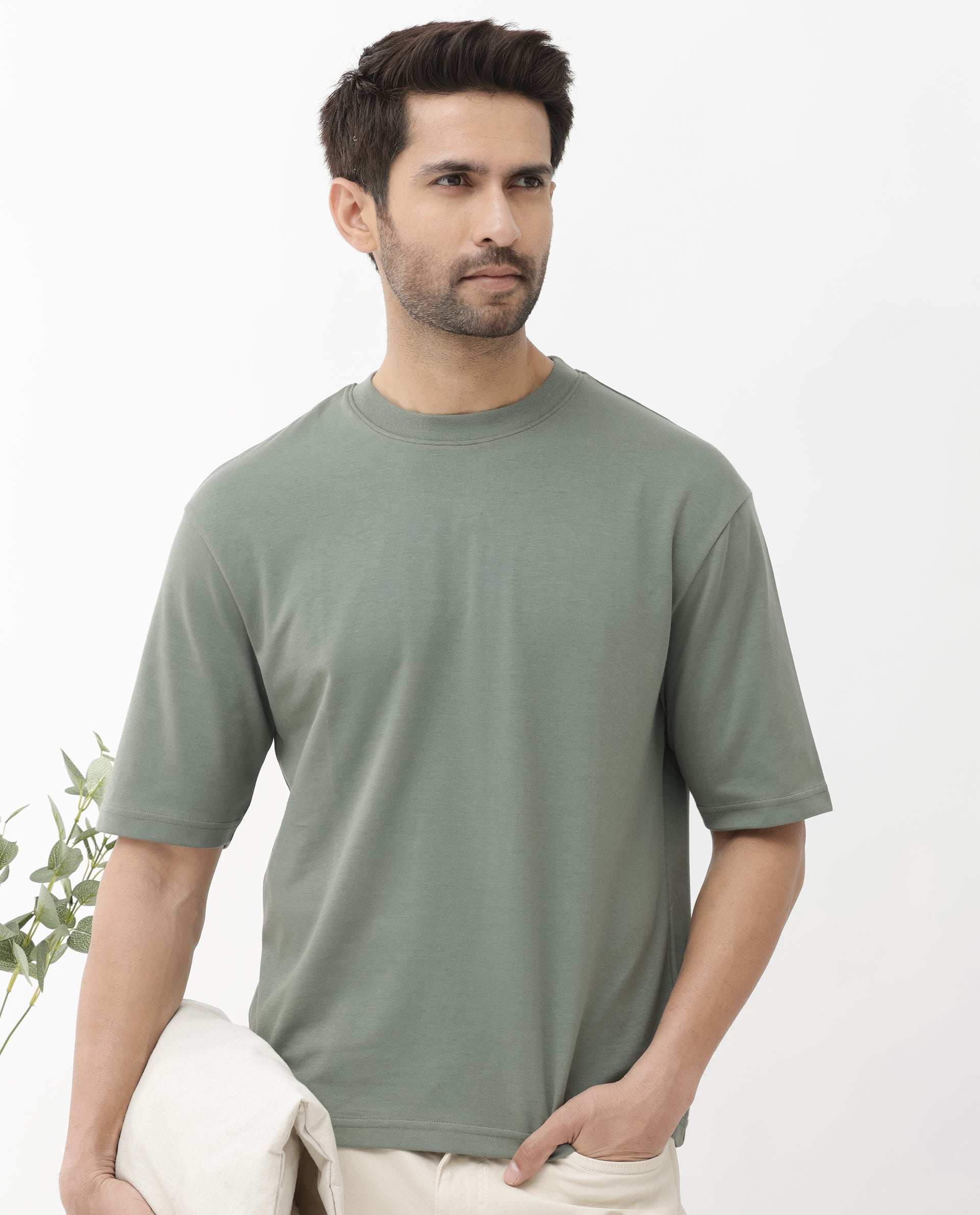 Rare Rabbit Men's Qlo Dusky Olive Cotton Polyester Fabric Short Sleeve Crew Neck Oversized Fit Solid T-Shirt