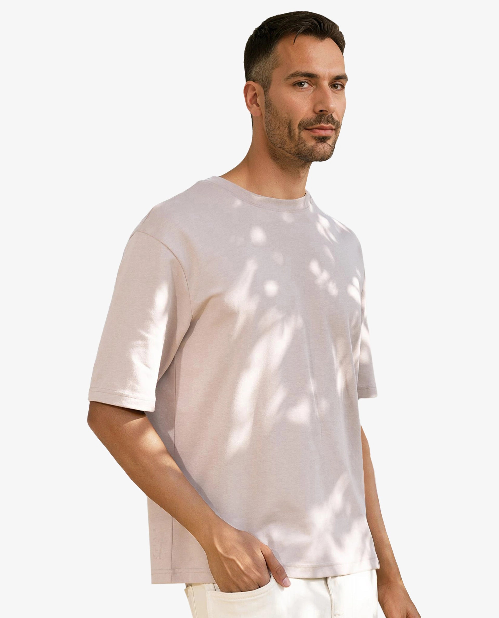 Rare Rabbit Men's Qlo Dusky Pink Cotton Polyester Fabric Short Sleeve Crew Neck Oversized Fit Solid T-Shirt