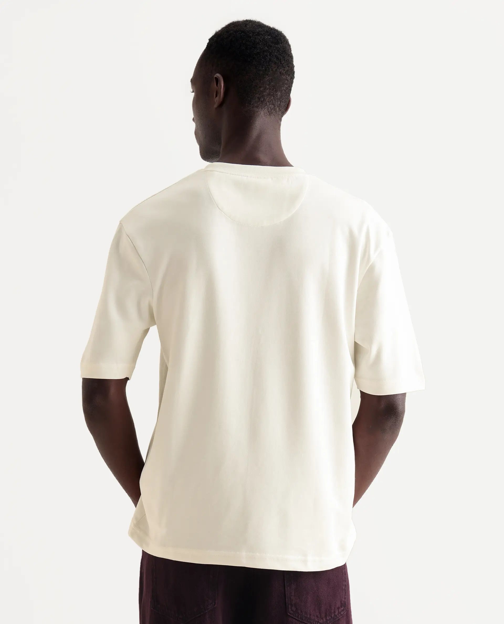 Rare Rabbit Men's Qlo Off White Cotton Blend Plain Oversized Fit Half Sleeve Crew Neck T-Shirt