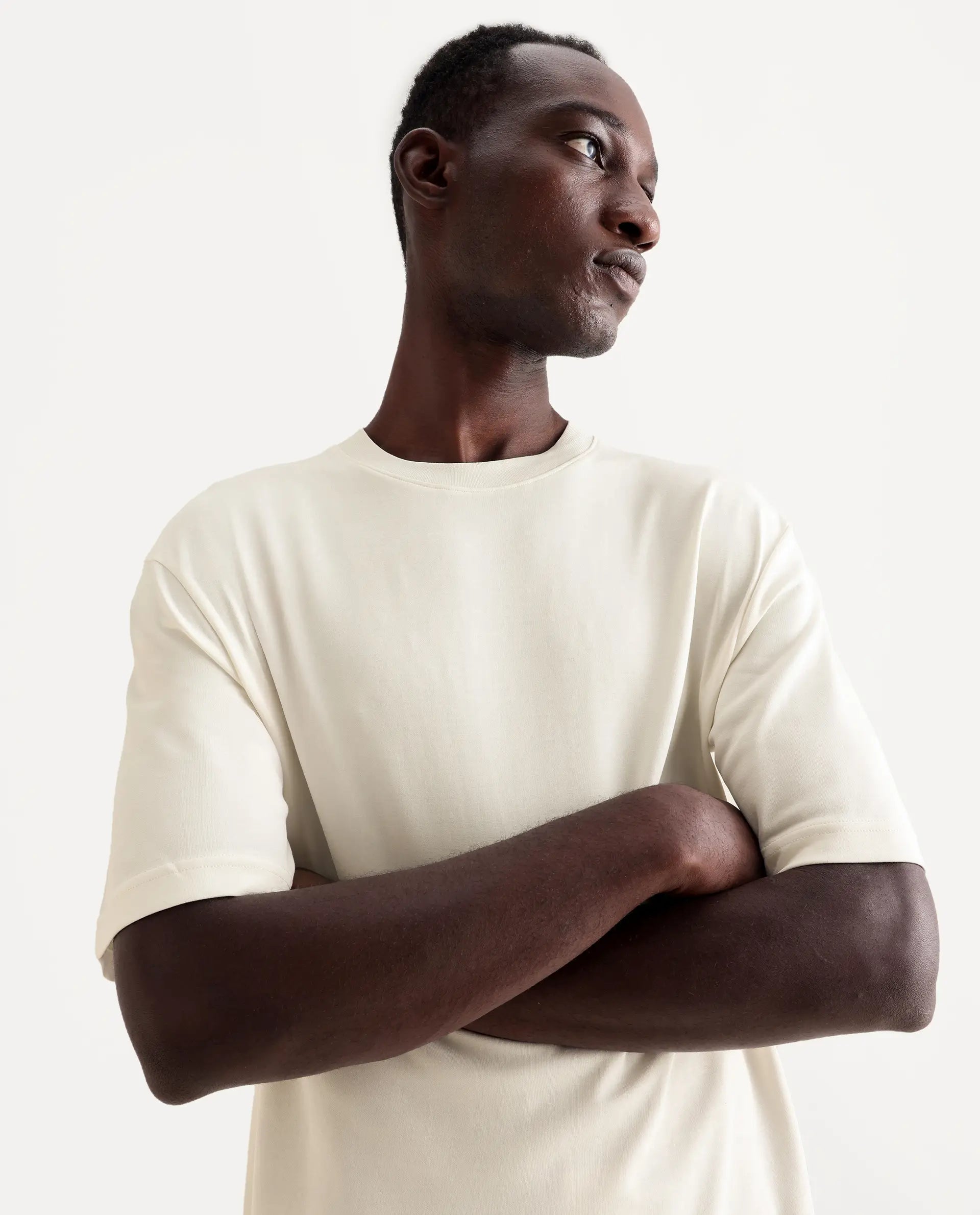 Rare Rabbit Men's Qlo Off White Cotton Blend Plain Oversized Fit Half Sleeve Crew Neck T-Shirt