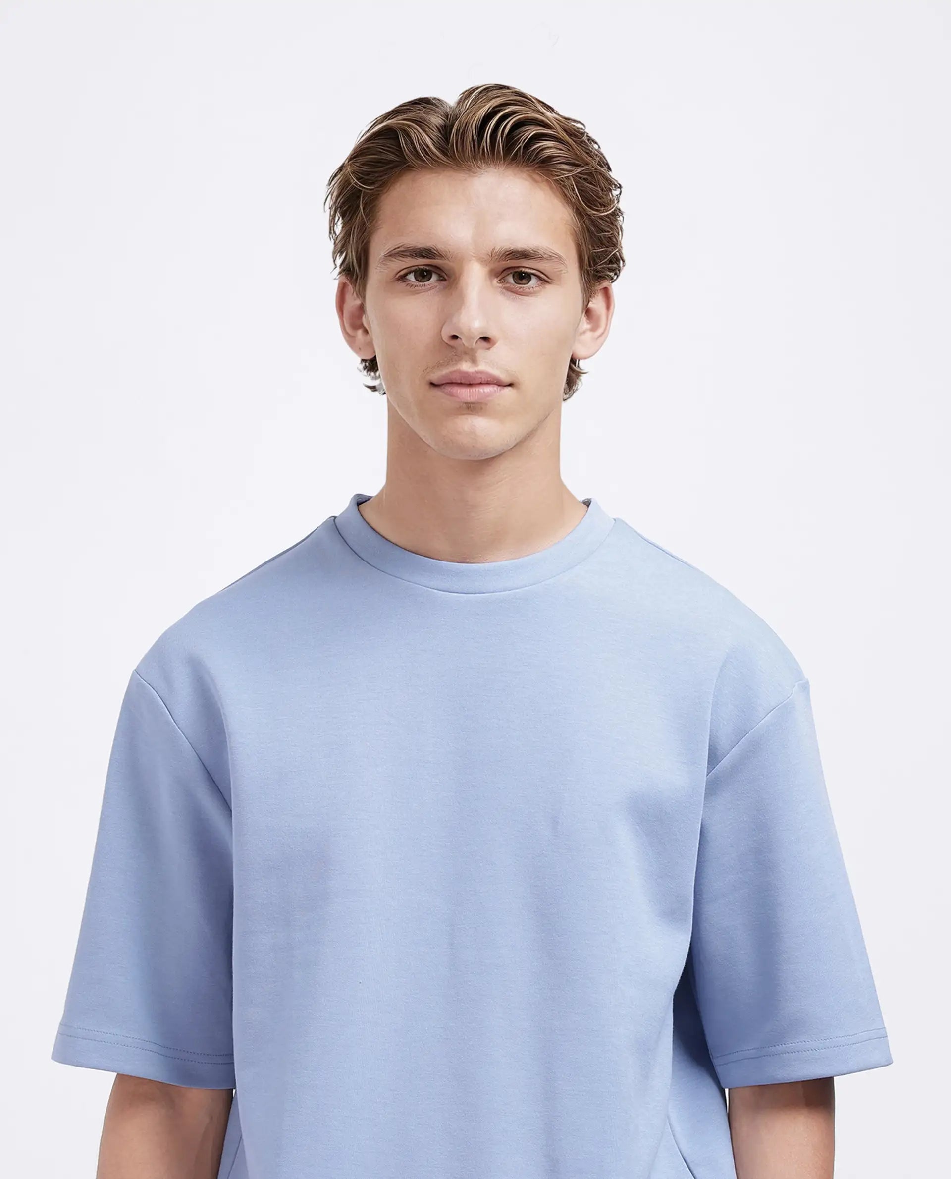 Rare Rabbit Men Qlos Dusky Blue Cotton Blend Fabric Short Sleeves Crew Neck Boxy Fit Plain T-Shirt