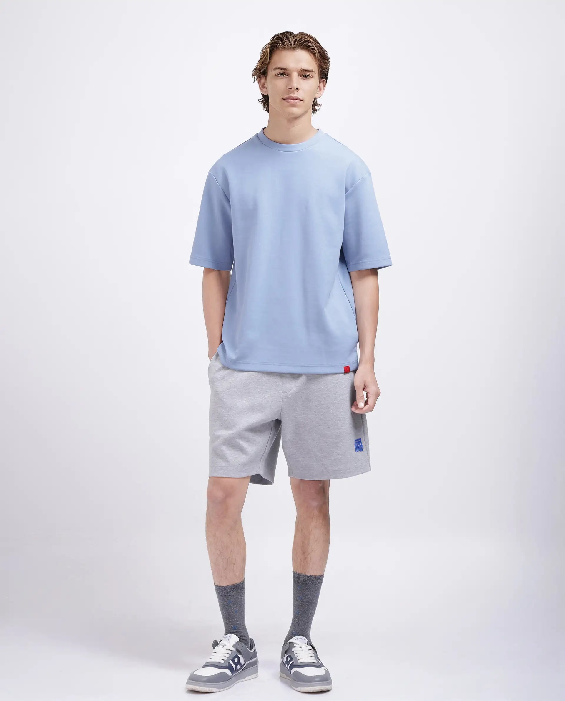 Rare Rabbit Men Qlos Dusky Blue Cotton Blend Fabric Short Sleeves Crew Neck Boxy Fit Plain T-Shirt