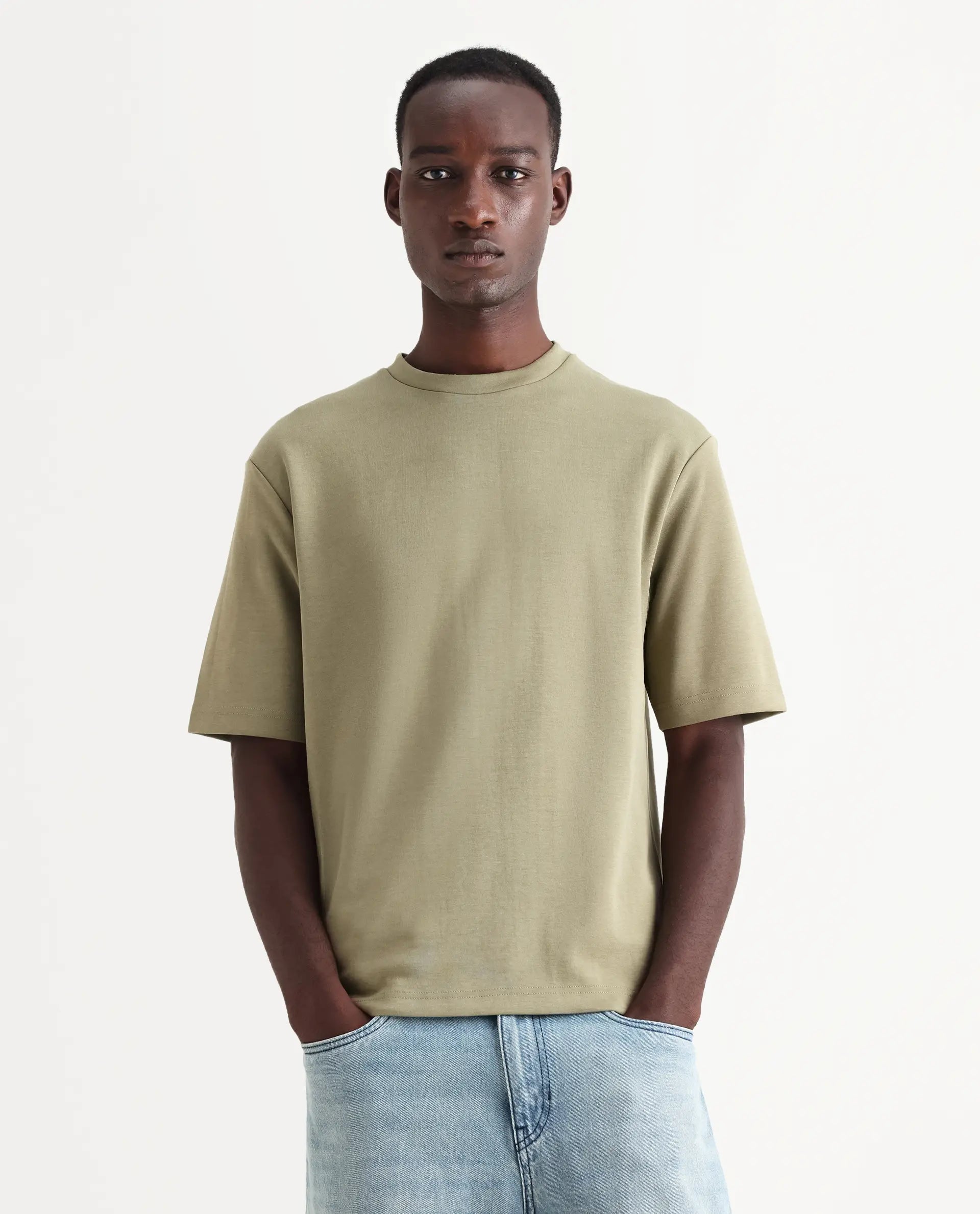 Rare Rabbit Men's Qlos Olive Cotton Blend Plain Boxy Fit Half Sleeve Crew Neck T-Shirt