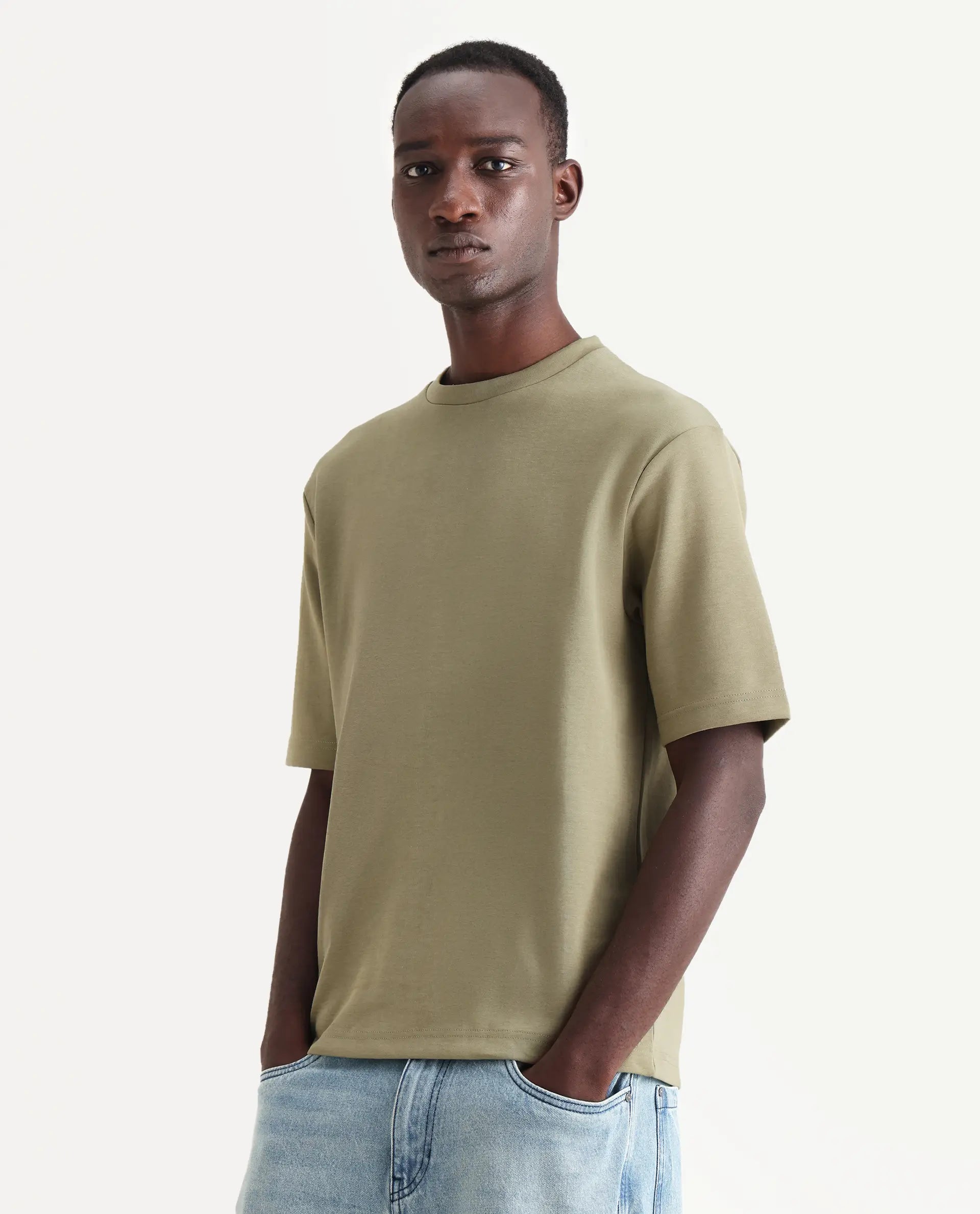 Rare Rabbit Men's Qlos Olive Cotton Blend Plain Boxy Fit Half Sleeve Crew Neck T-Shirt