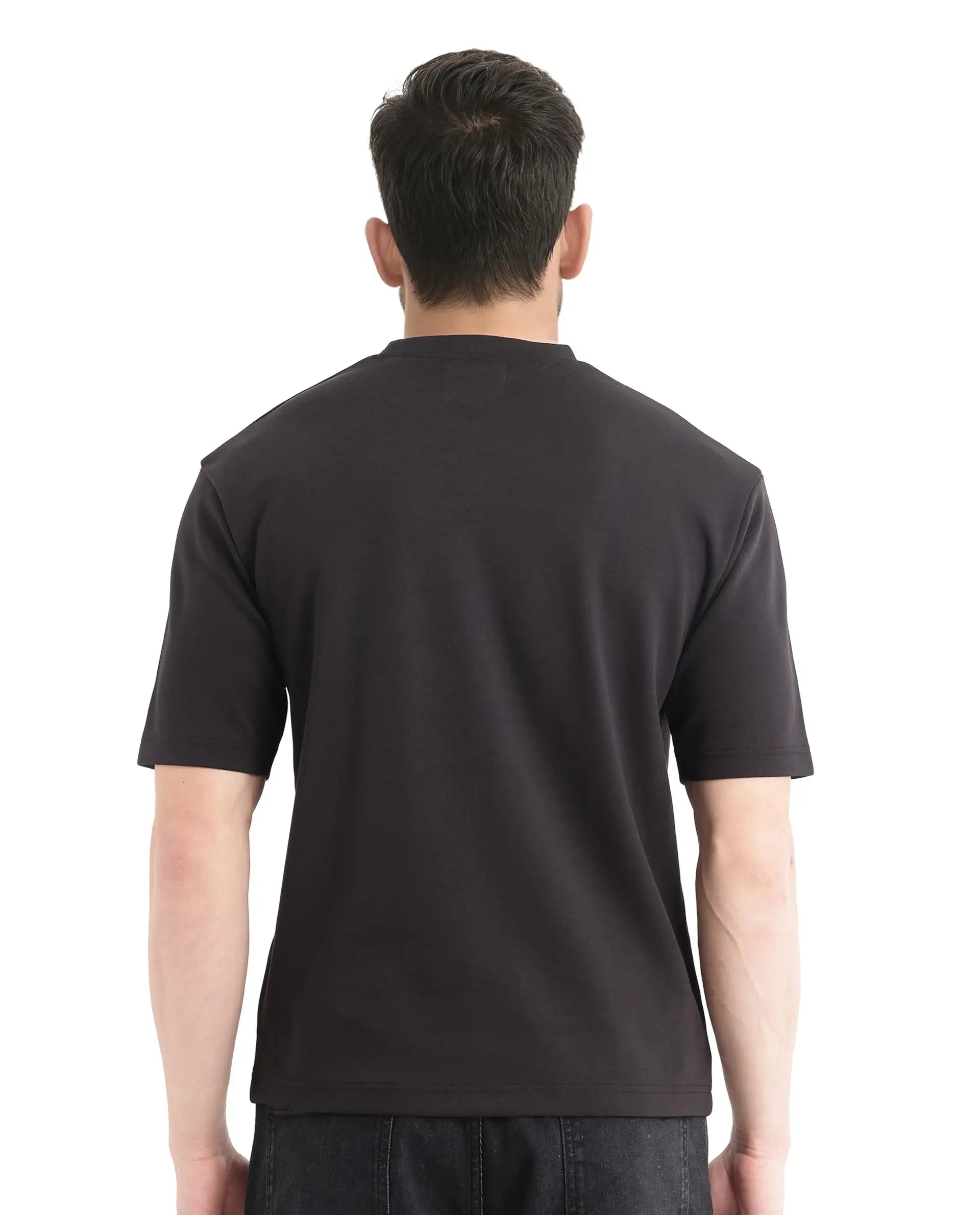 Rare Rabbit Men Qlot Black Cotton Poly Fabric Short Sleeve Crew Neck Oversized Fit Plain T-Shirt