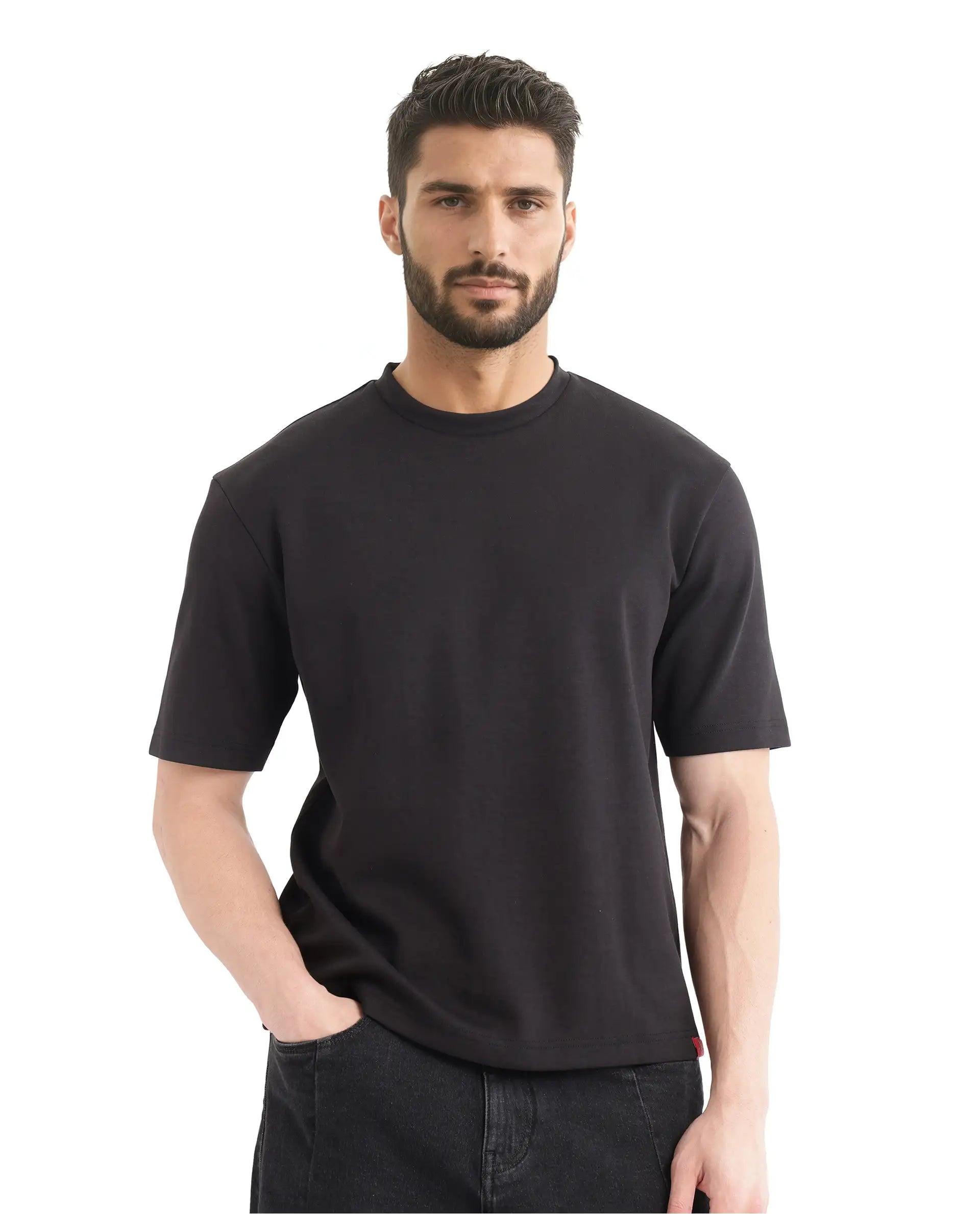 Rare Rabbit Men Qlot Black Cotton Poly Fabric Short Sleeve Crew Neck Oversized Fit Plain T-Shirt