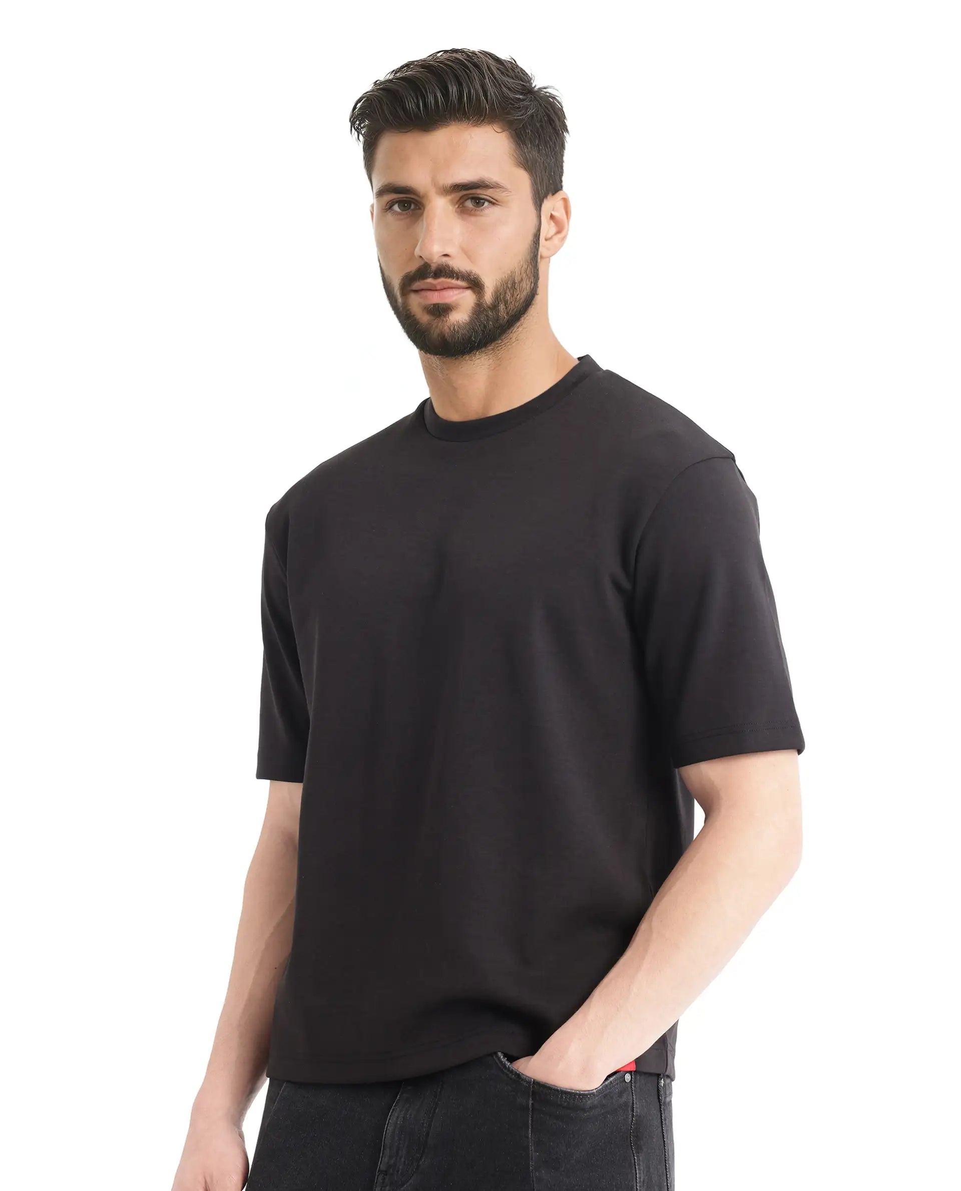 Rare Rabbit Men Qlot Black Cotton Poly Fabric Short Sleeve Crew Neck Oversized Fit Plain T-Shirt